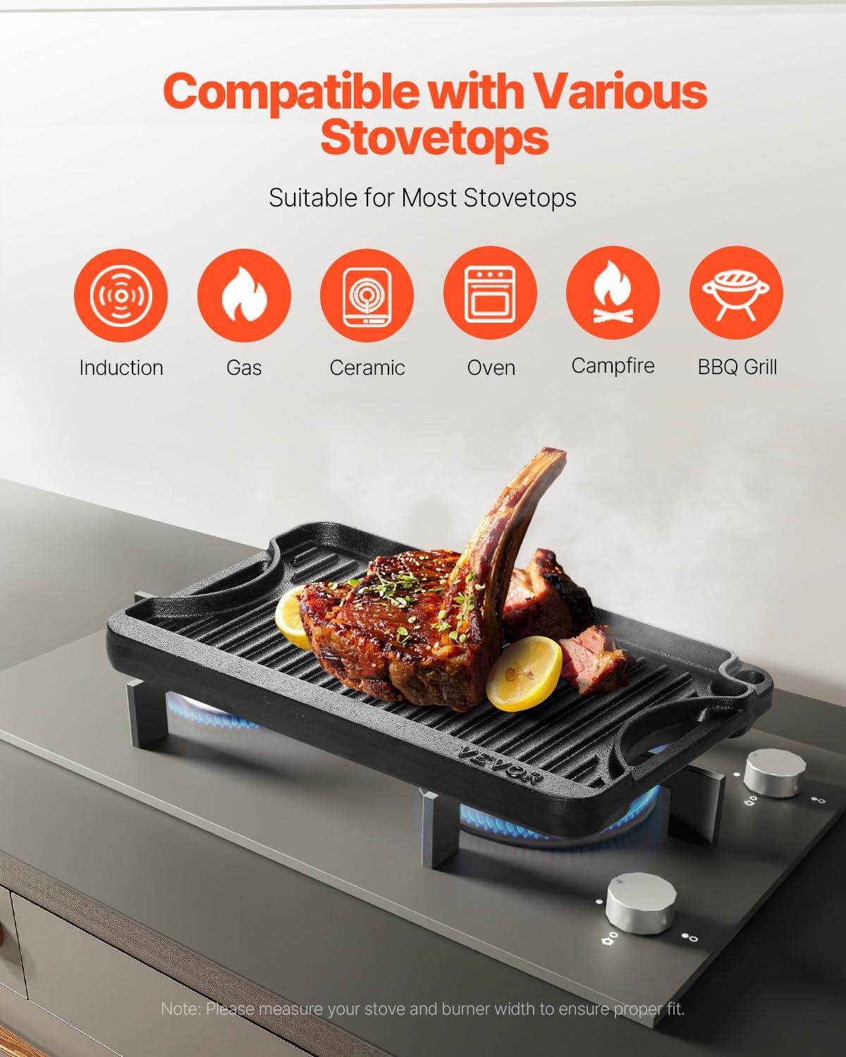 VEVOR Reversible Grill/Griddle, 14x8.5 inch Pre-Seasoned Cast Iron Griddle, Portable Rectangular Pan with Handle, Family Cookware for Indoor/Outdoor Stove Top Burner, Gas, Camping BBQ, Black