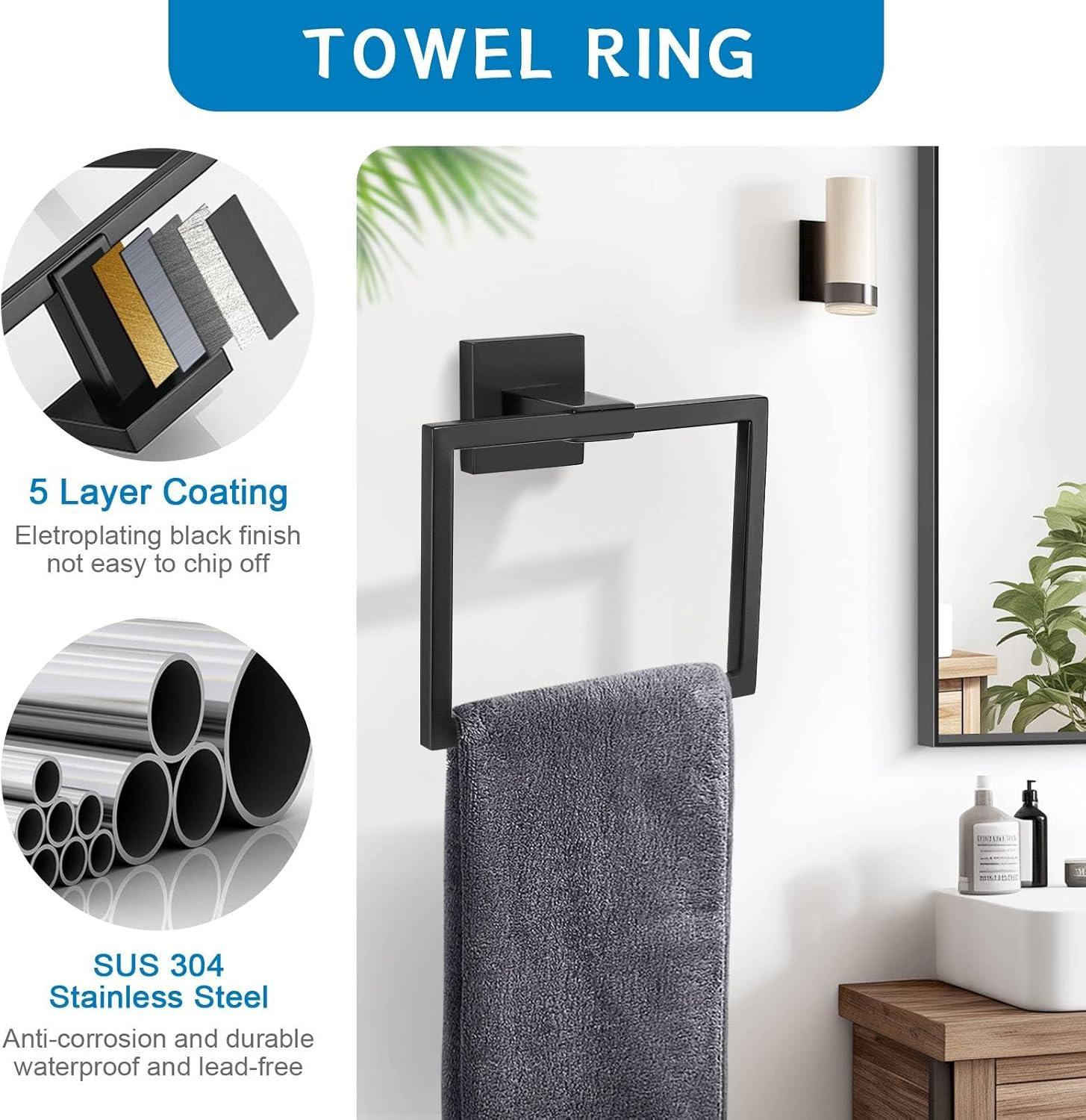 Bathroom Hardware Accessories Set 5 Pieces Matte Black Towel Bar Set Wall Mounted, Stainless Steel, 23.6-Inch