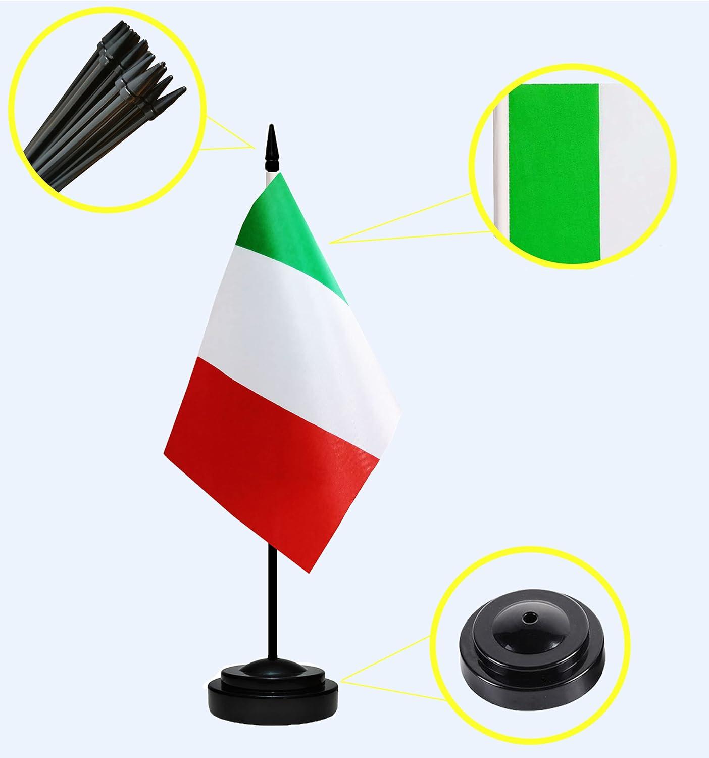 Italy Flags Italian Desk Flag Set Small Mini Italy Table Office Flag with 13" Black Pole, Black Base and Spear Top,Miniature Italian Deluxe Desktop Flag, Home Decoration, Office Decoration, Festival Celebrations(12 Pack )