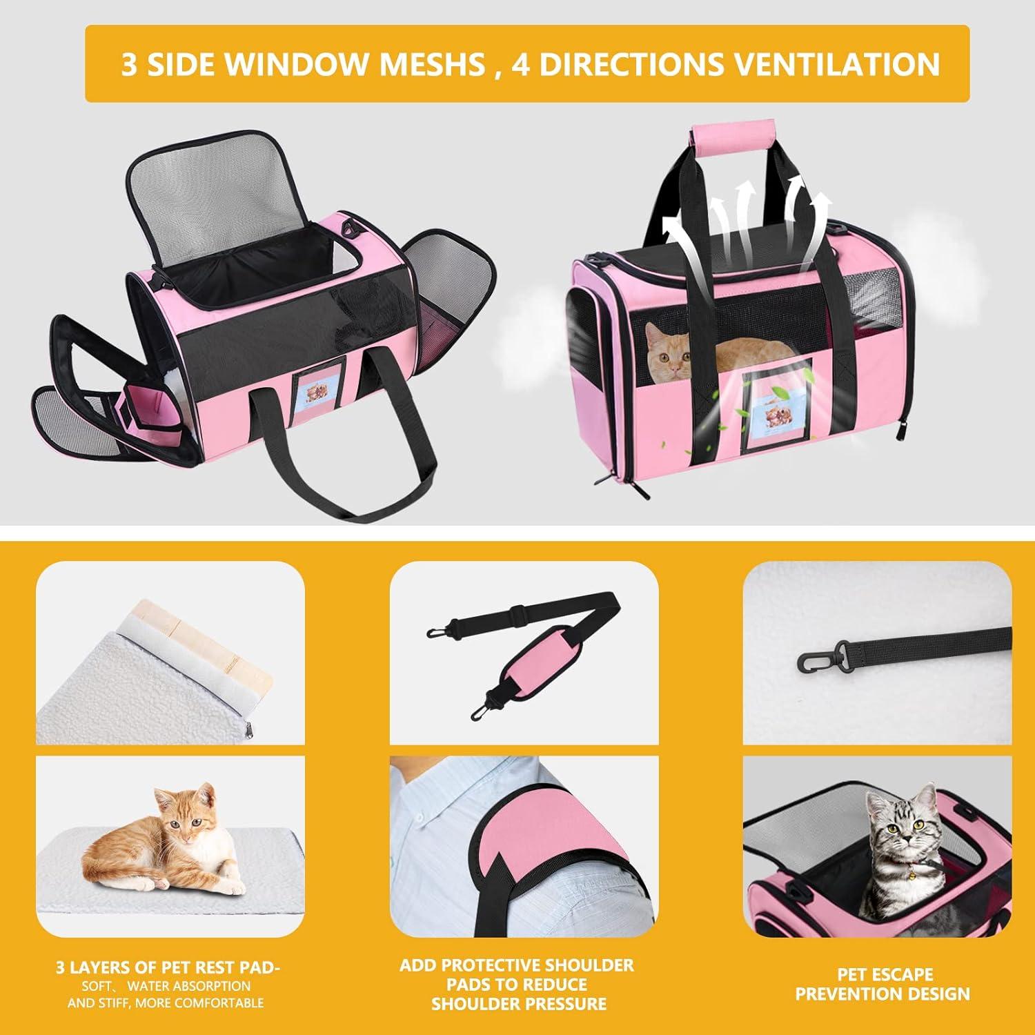 Cat Carrier Pet Carriers Airline Approved for Small Dogs Kitten Carriers for Small Medium Cats Under 15lb, Collapsible Soft Sided TSA Approved Travel Carrier, Pink