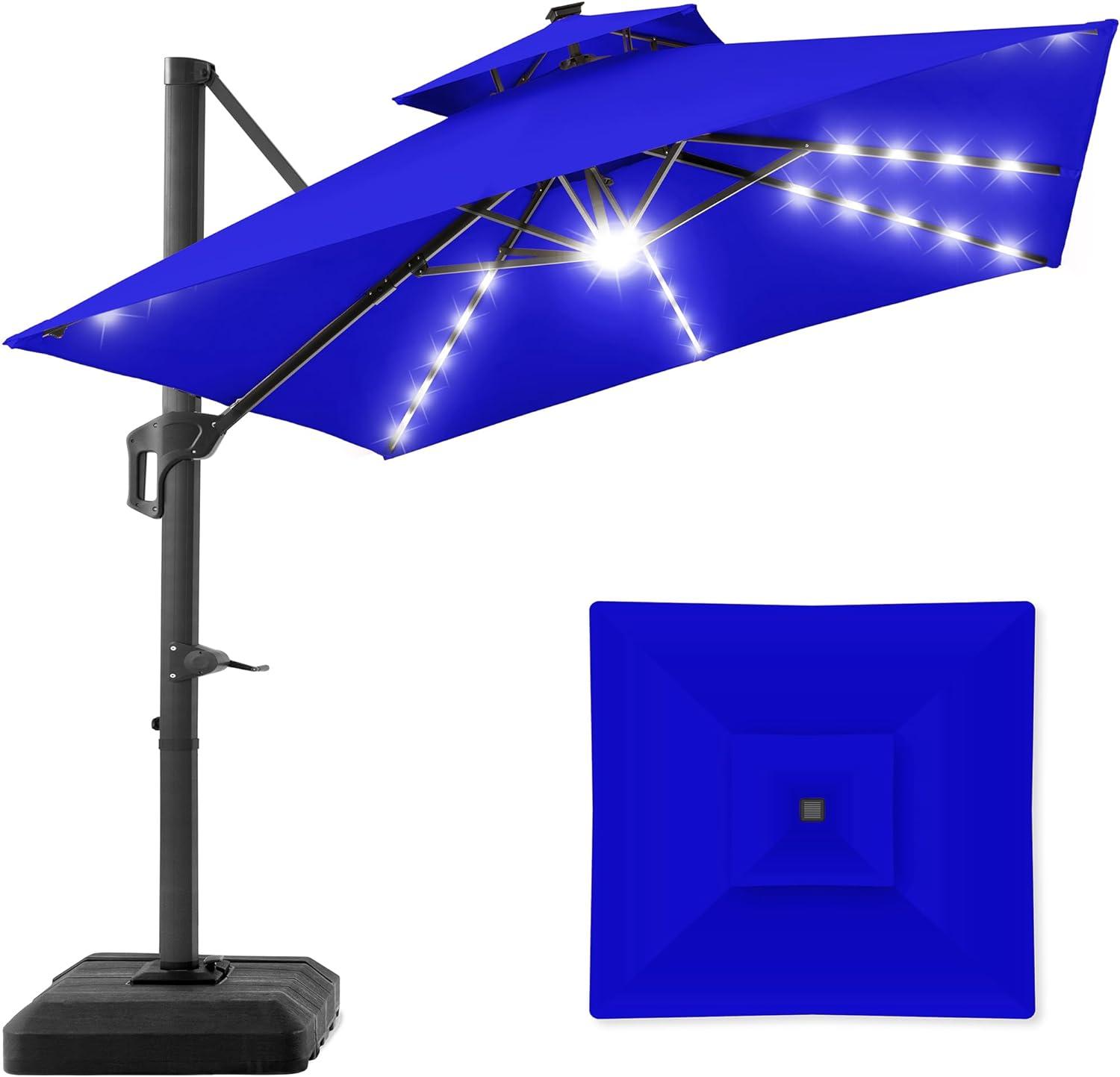 Best Choice Products 10x10ft 2-Tier Square Outdoor Solar LED Cantilever Patio Umbrella w/ Base Included - Resort Blue