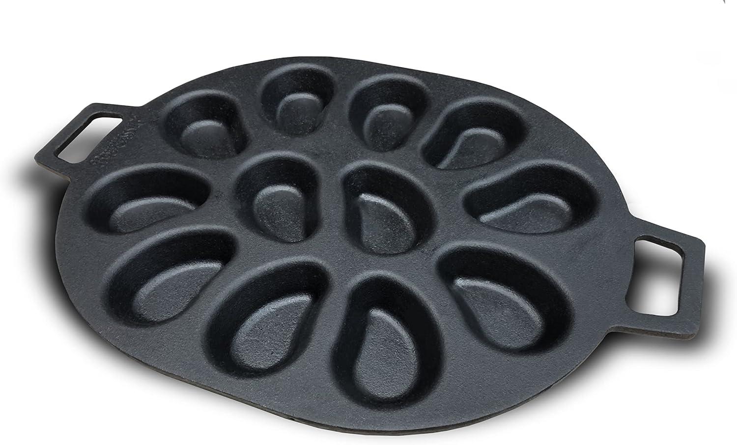 Bayou Classic 7413 Cast Iron 12 Shellfish Shaped Oyster Grill and Serve Kitchen Cooking Pan for Shucked or Half-Shell Seafood, Black