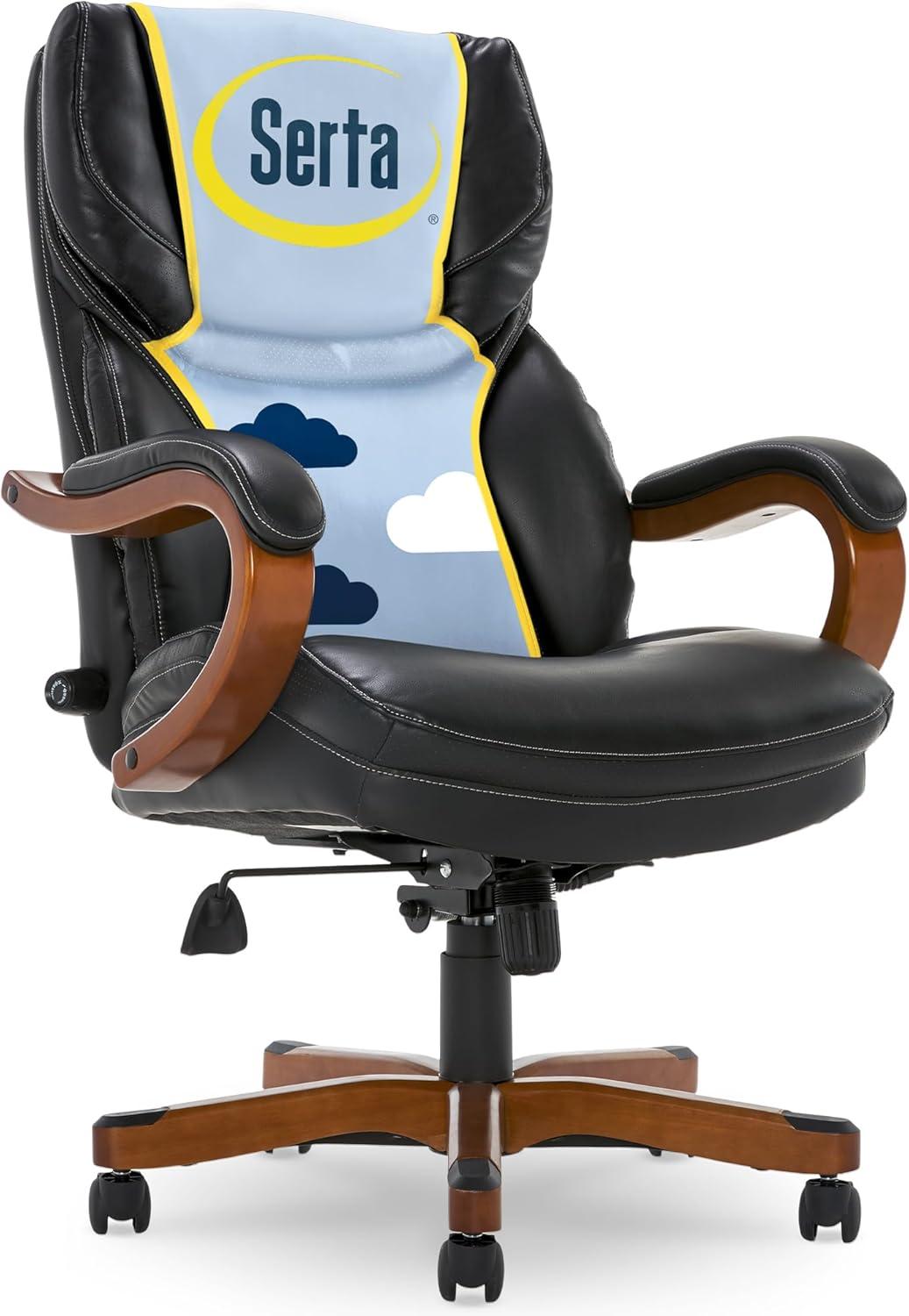Executive Office Chair in Black Bonded Leather - Serta: High-Density Foam, Fixed Arms, Wood Frame