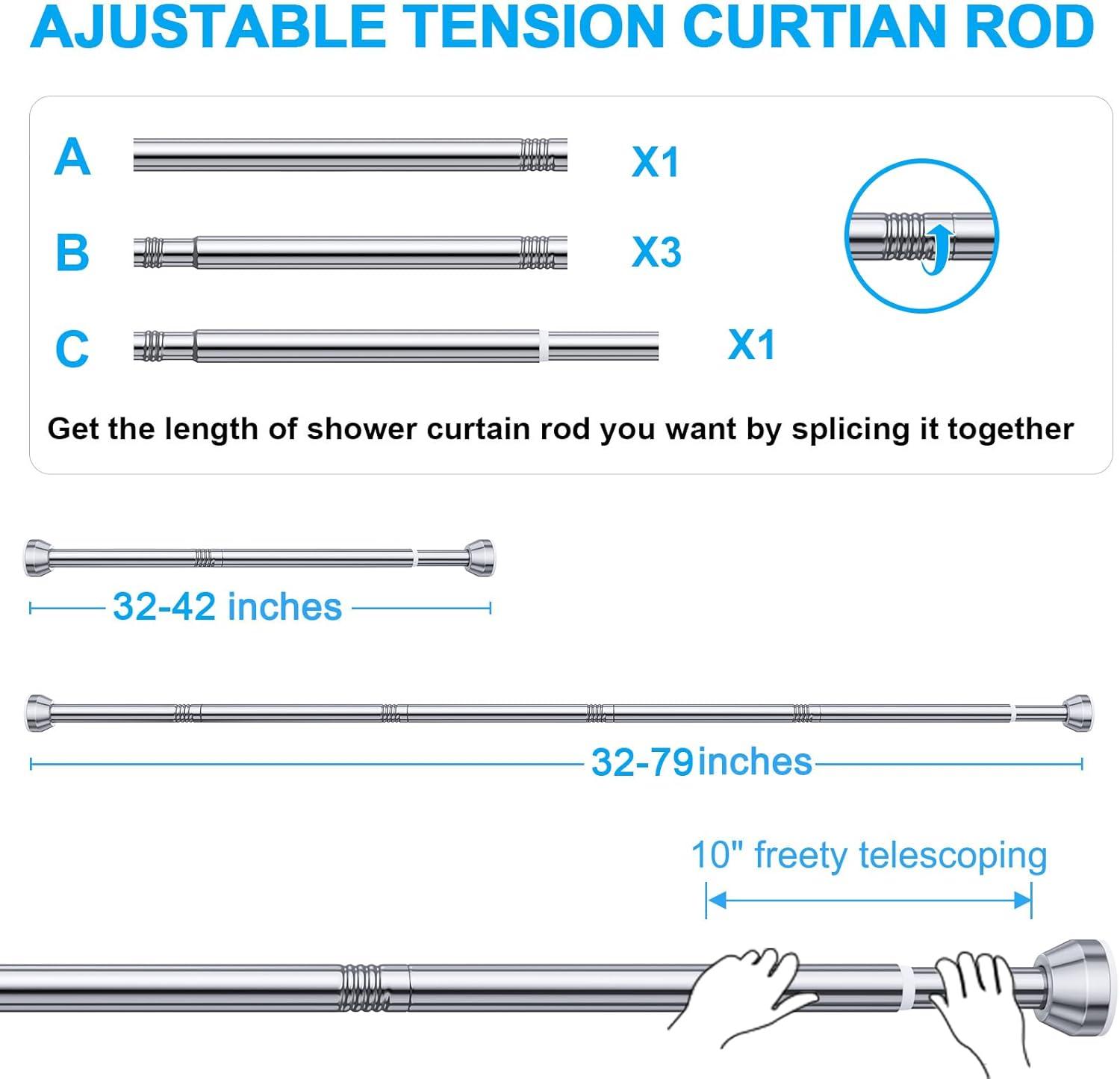 OUMIKEJI Shower Curtain Rod, 27-76 Inch Adjustable Tension Spring, Shower Curtain Rod Tension, Premium Stainless Steel, Anti-Slip, No Drilling, No Rust, For Bathroom, Silver