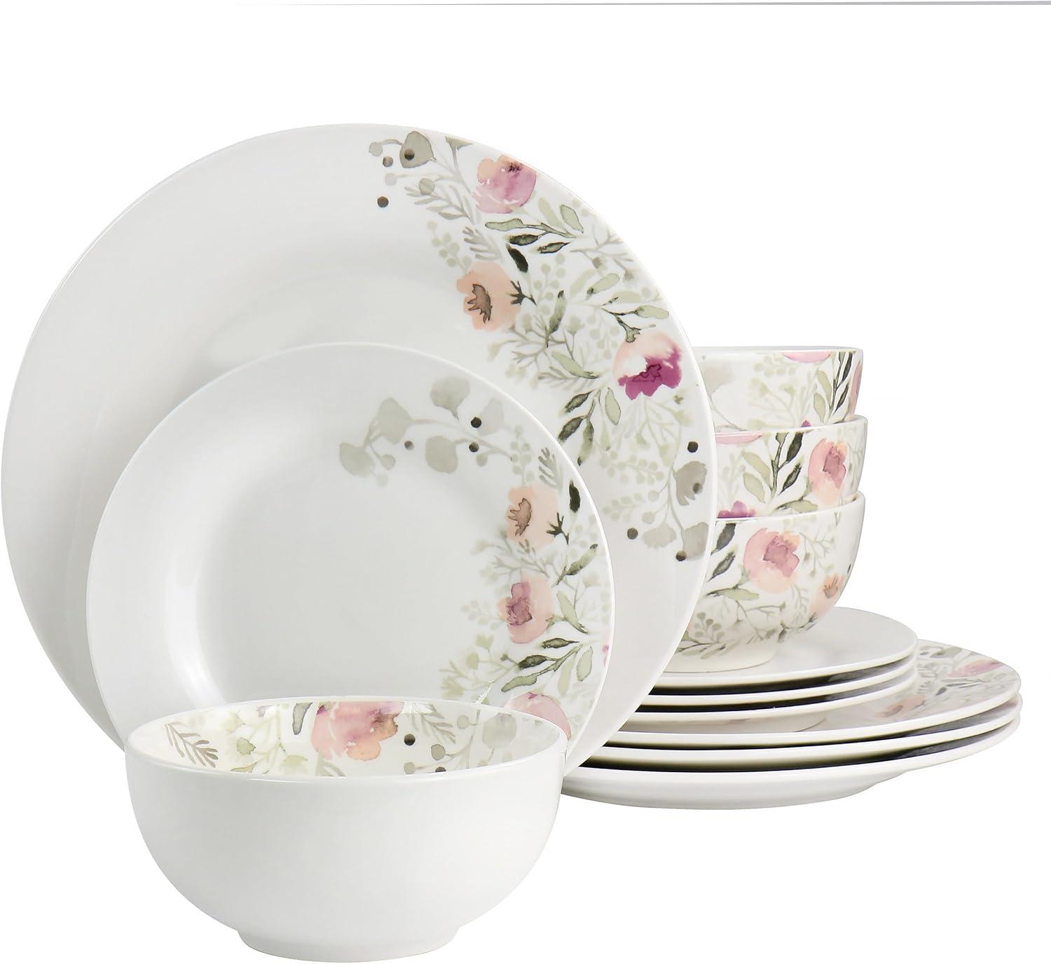 Lily Garden White and Pink Ceramic 12-Piece Floral Dinnerware Set