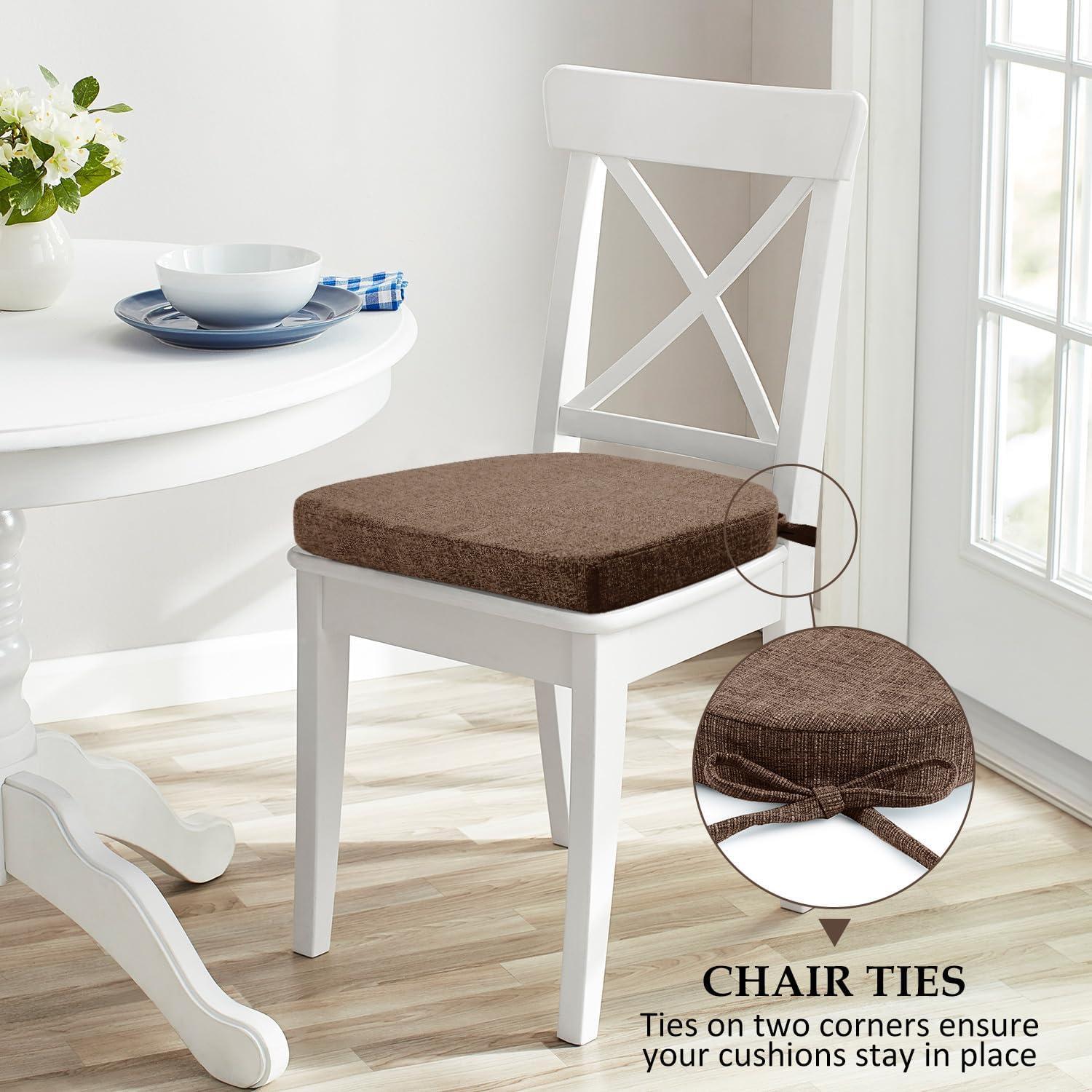 Chair Cushions for Dining Chairs 4 Pack - Kitchen Chair Cushions with Ties and Non-Slip Backing - Dining Chair Pads 16"X16"X2", Brown