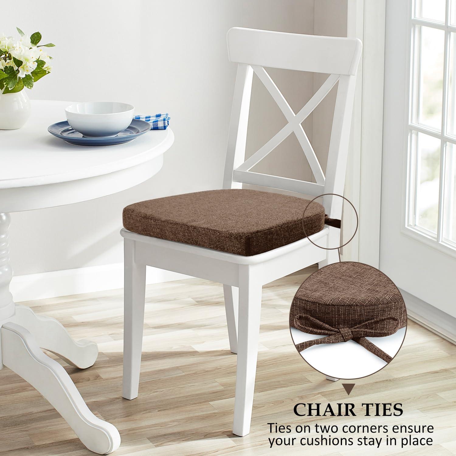 Chair Cushions for Dining Chairs 4 Pack - Kitchen Chair Cushions with Ties and Non-Slip Backing - Dining Chair Pads 16"X16"X2", Brown