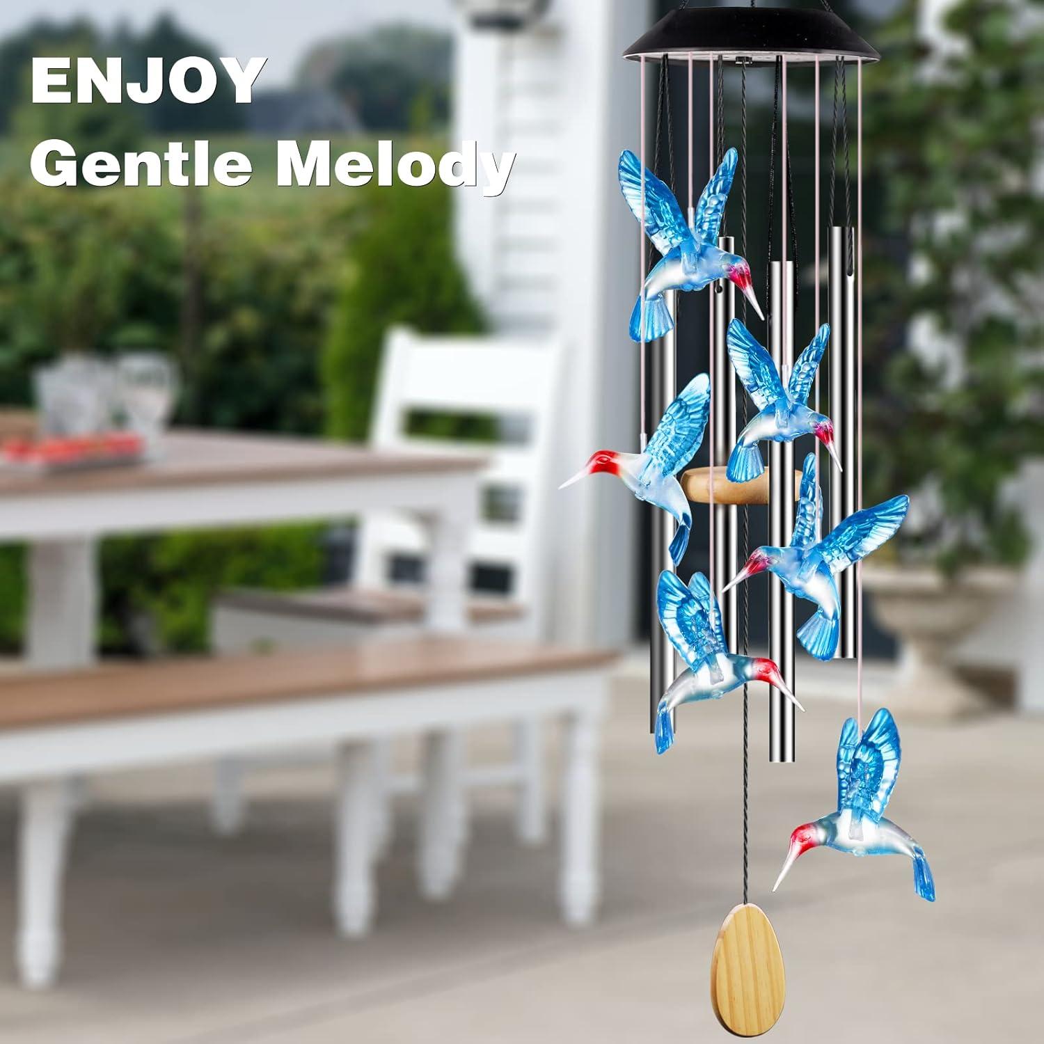 25-Inch Color Changing Hummingbird Solar Wind Chimes with Aluminum Tubes