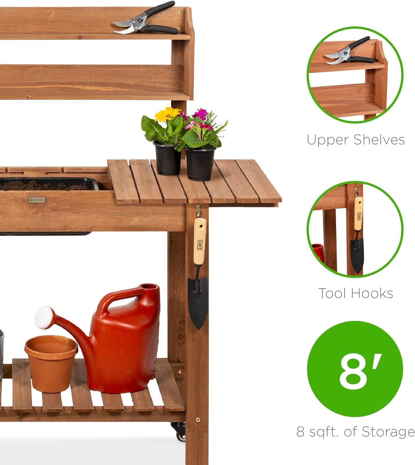 Best Choice Products Wood Garden Potting Bench Workstation Table w/ Sliding Tabletop, 4 Locking Wheels, Dry Sink - Brown
