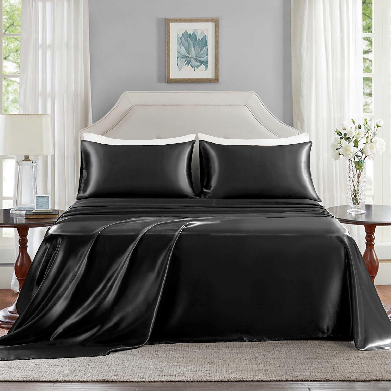 Black Satin Full Size 4-Piece Deep Pocket Sheet Set