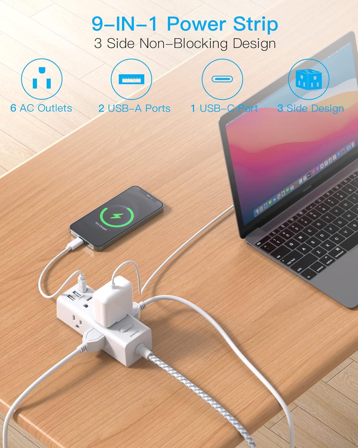 10 FT Extension Cord, Surge Protector Power Strip with 6 Widely AC Outlets 3 USB Ports(1 USB C),3-Side Outlet Extender, Flat Plug, Wall Mount for Home, Office,Travel and Dorm Essential