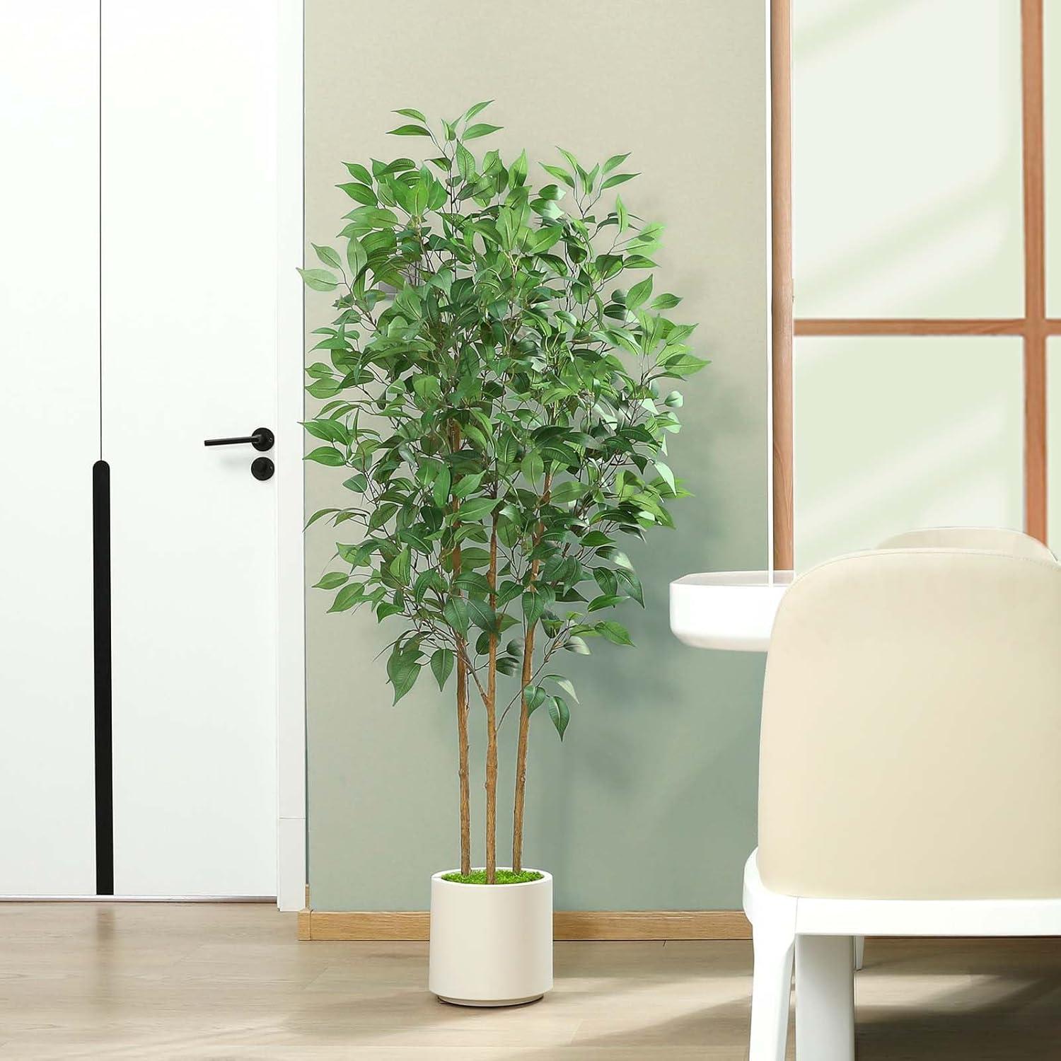 Artificial Tree,5FT Fake Ficus Tree in White Imitation Ceramic Planter with Lifelike Moss,Faux Ficus Silk Tree for Indoor Entryway Modern Decor Home Office Porch Balcony Shopping malls