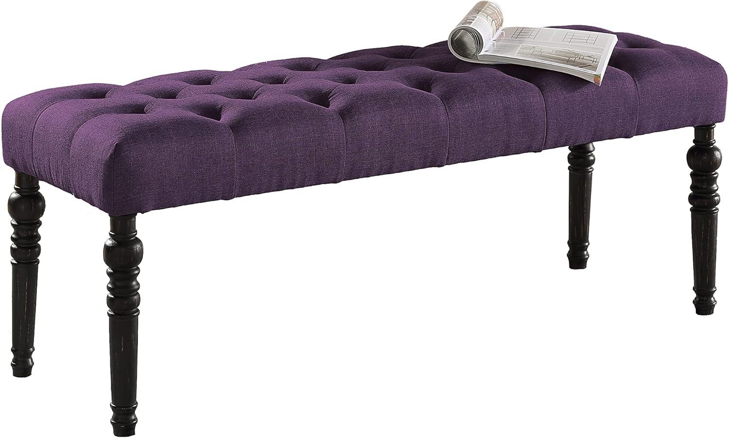 Roundhill Furniture Leviton Fabric Tufted Turned Leg Dining Bench, Purple