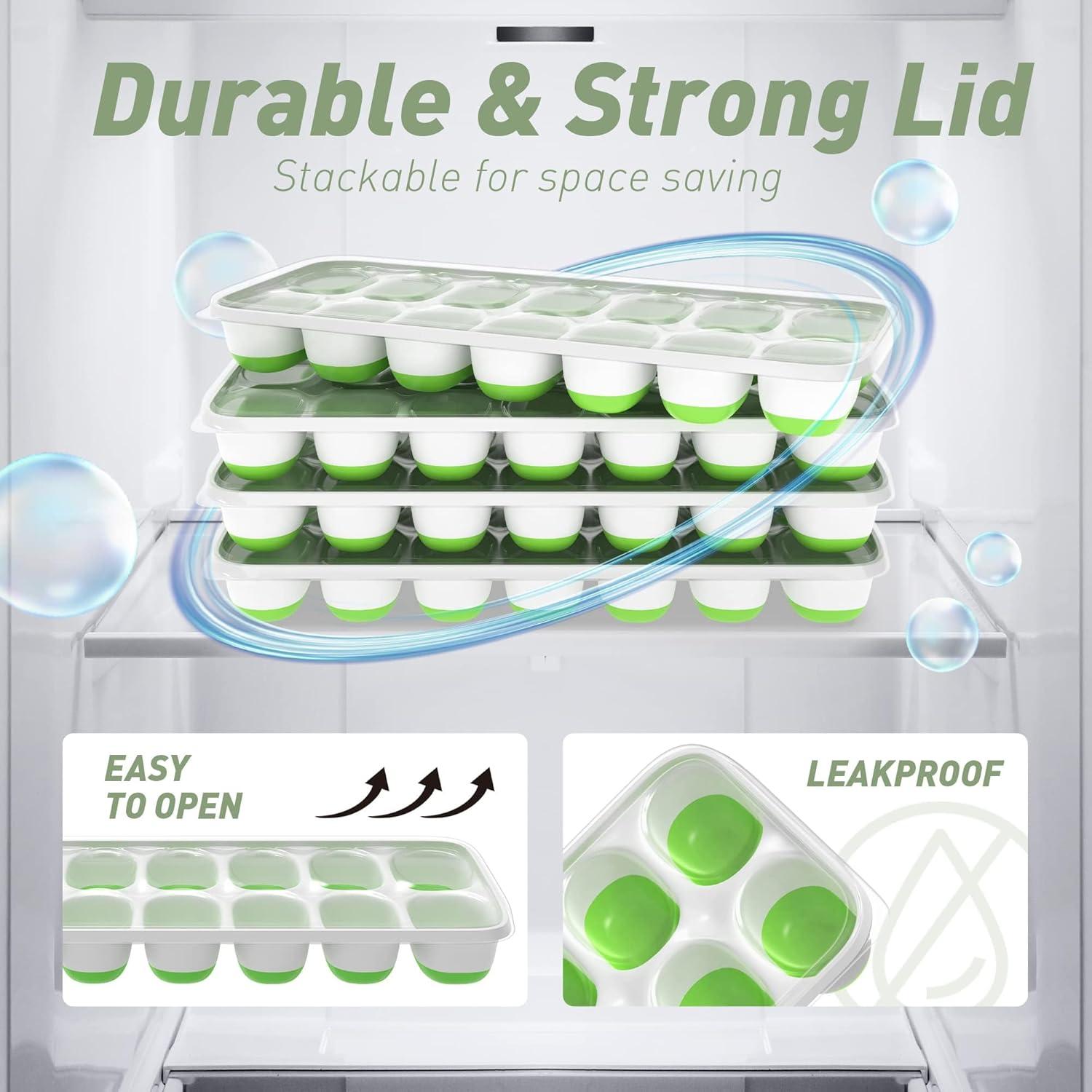 4 Bandejas de Hielo, Silicona con Tapa Extraíble, Bandejas de 14 Hielos Flexibles de Fácil Liberación, Moldes de Hielo Duraderos, Fundas Apilables y Extraíbles para Cócteles, Congeladores y Cervezas