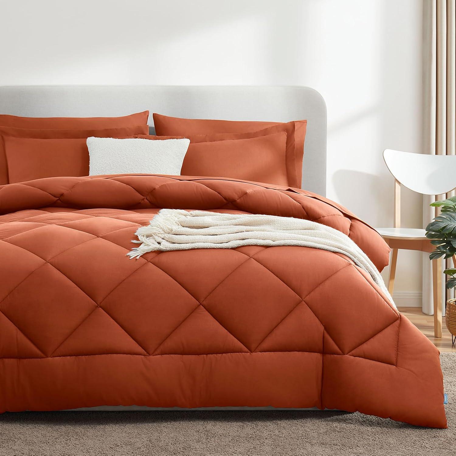 CozyLux Queen Comforter Set 7 Pieces Bed in a Bag Burnt Orange All Season Bedding with Comforter, Pillow Shams, Flat Sheet, Fitted Sheet and Pillowcases
