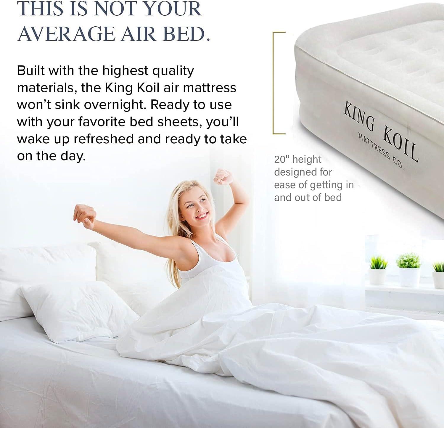 King Koil Plush Pillow Top Twin Air Mattress with Built-in High-Speed Pump for Camping, Home & Guests - 20” Twin Size Airbed Luxury Inflatable Blow Up Mattress, Waterproof, 1-Year Warranty.