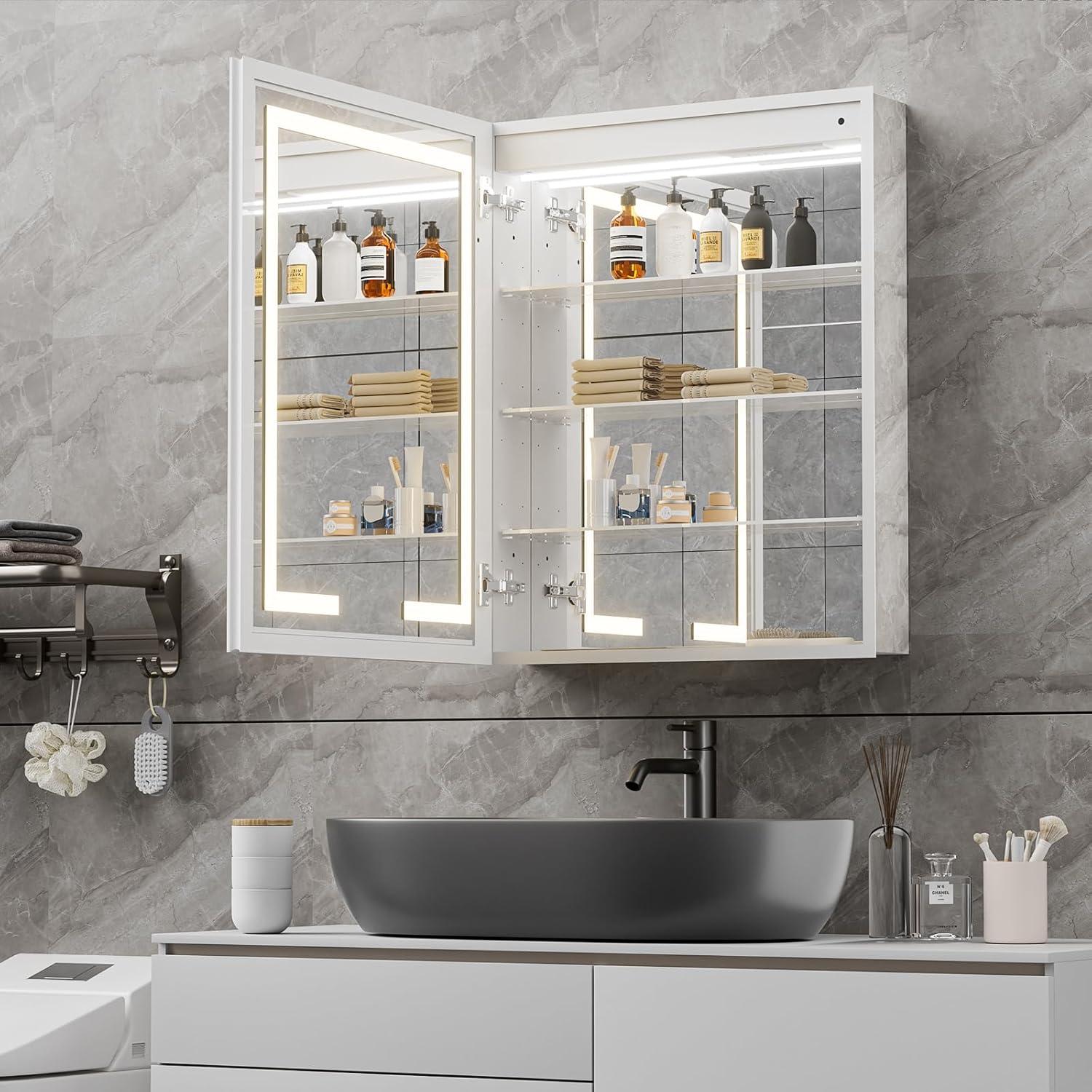 Ebern Designs Christhilde Medicine Cabinet with LED Mirror for Bathroom, Defog, Stepless Dimming, 3 Color Change, 2 Outlets, 2USB