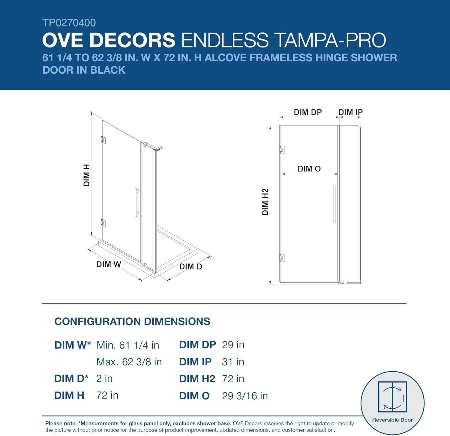 Black Frameless Glass Alcove Hinge Shower Door Kit