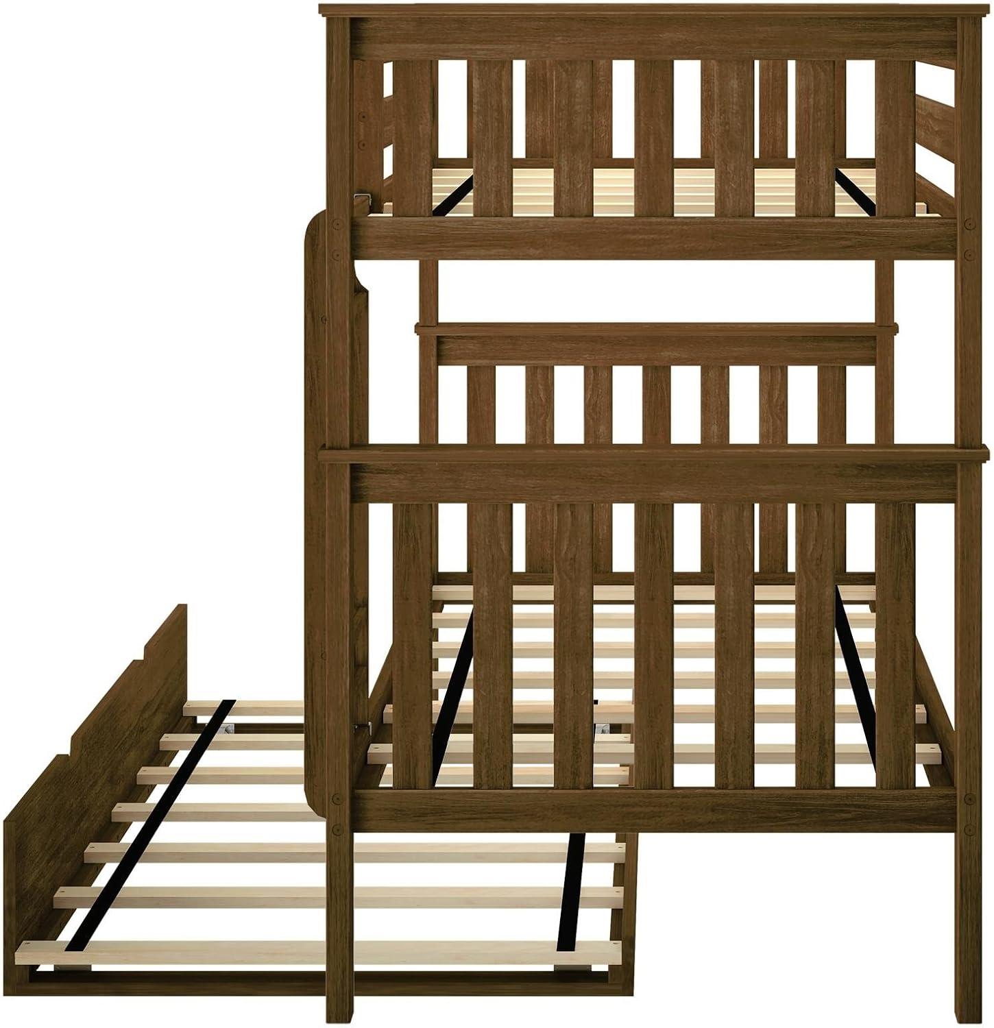 Max & Lily Solid Wood Twin over Twin Bunk Bed with Storage Trundle for Kids, Pecan