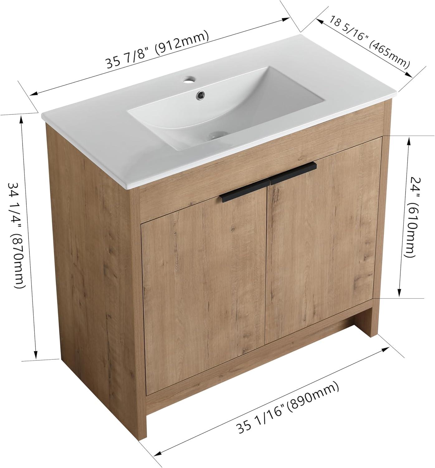 36-Inch Light Brown Plywood Freestanding Bathroom Vanity with Ceramic Sink