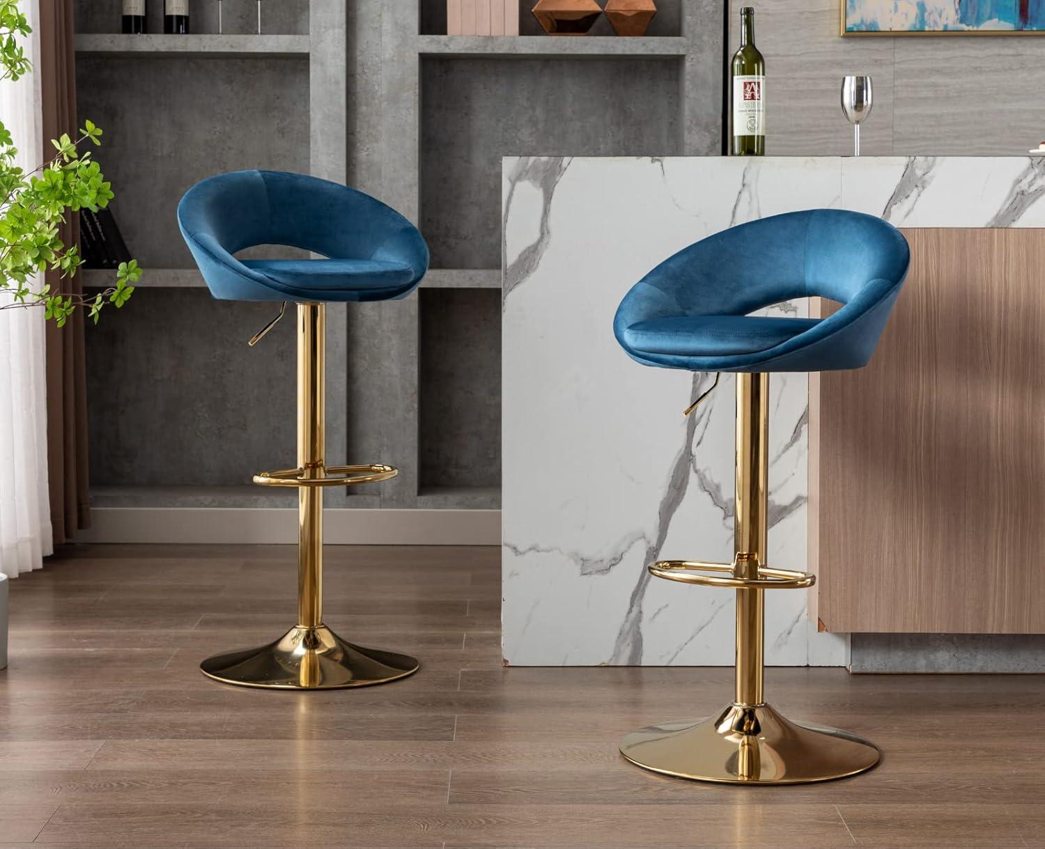 Velvet Bar Stools Set Of 2 Modern Counter Height Barstools With Low Back Ajustable Swivel Kitchen Bar Chairs With Gold Footrest For Home Bar/Dining Room, Green (Set of 2)