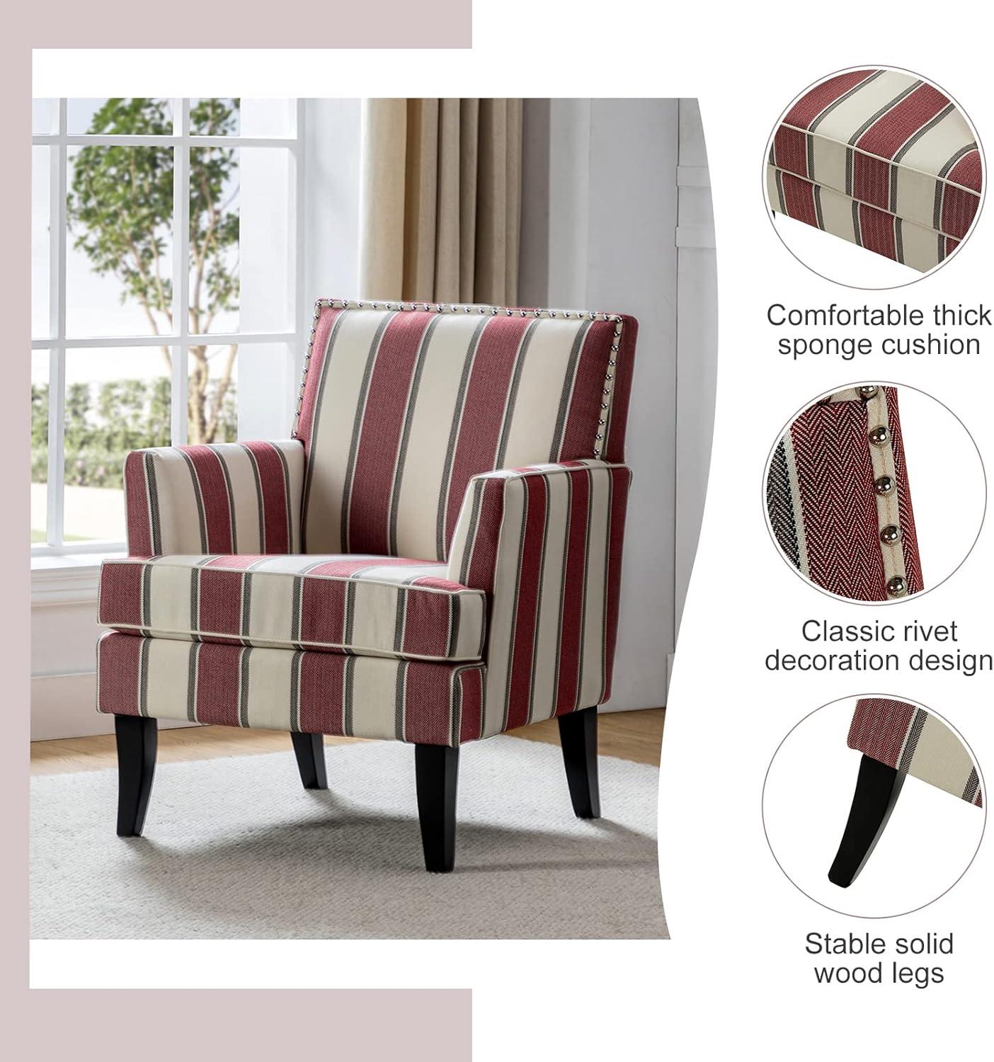 Red and White Striped Wooden Leg Accent Chair