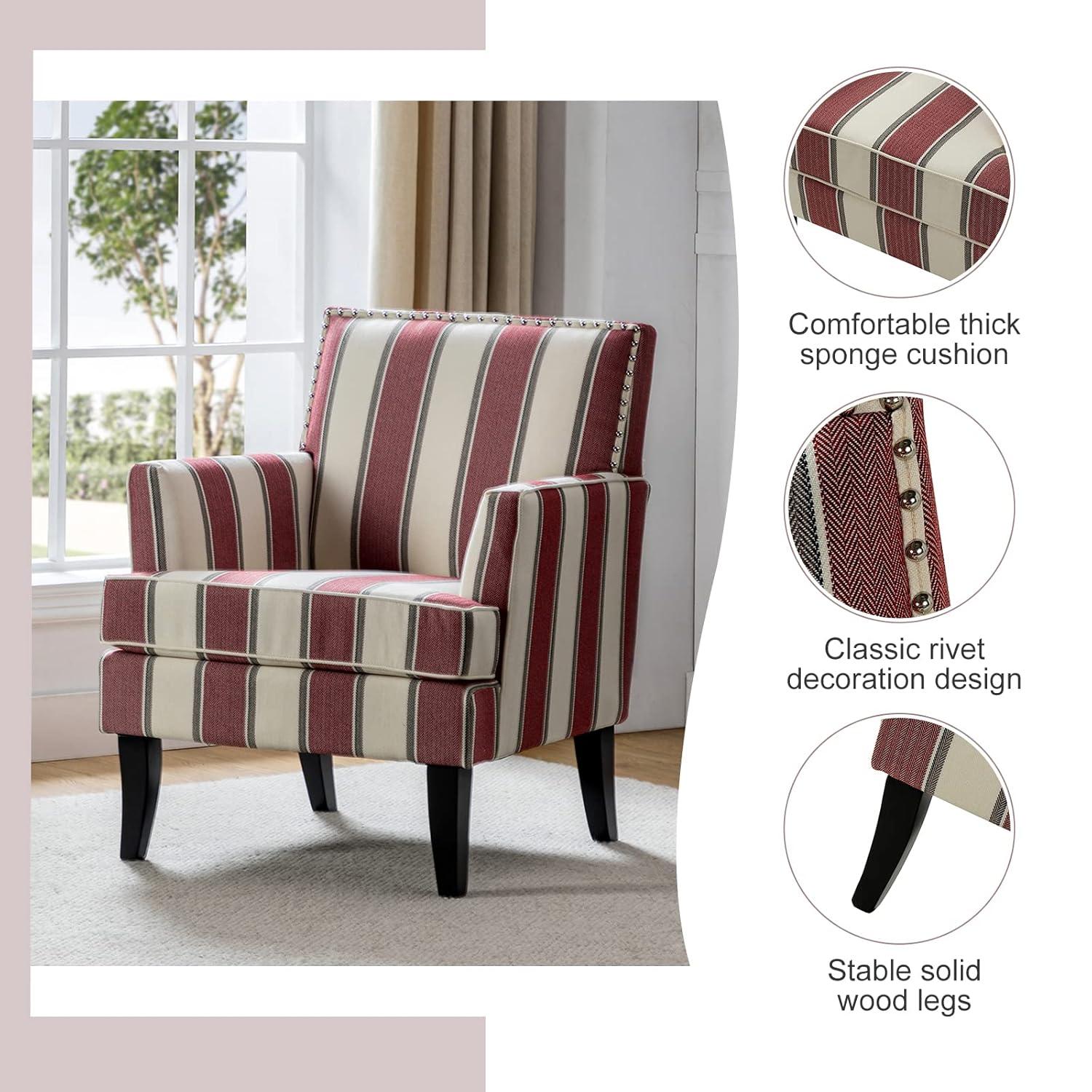 Red and White Striped Wooden Leg Accent Chair