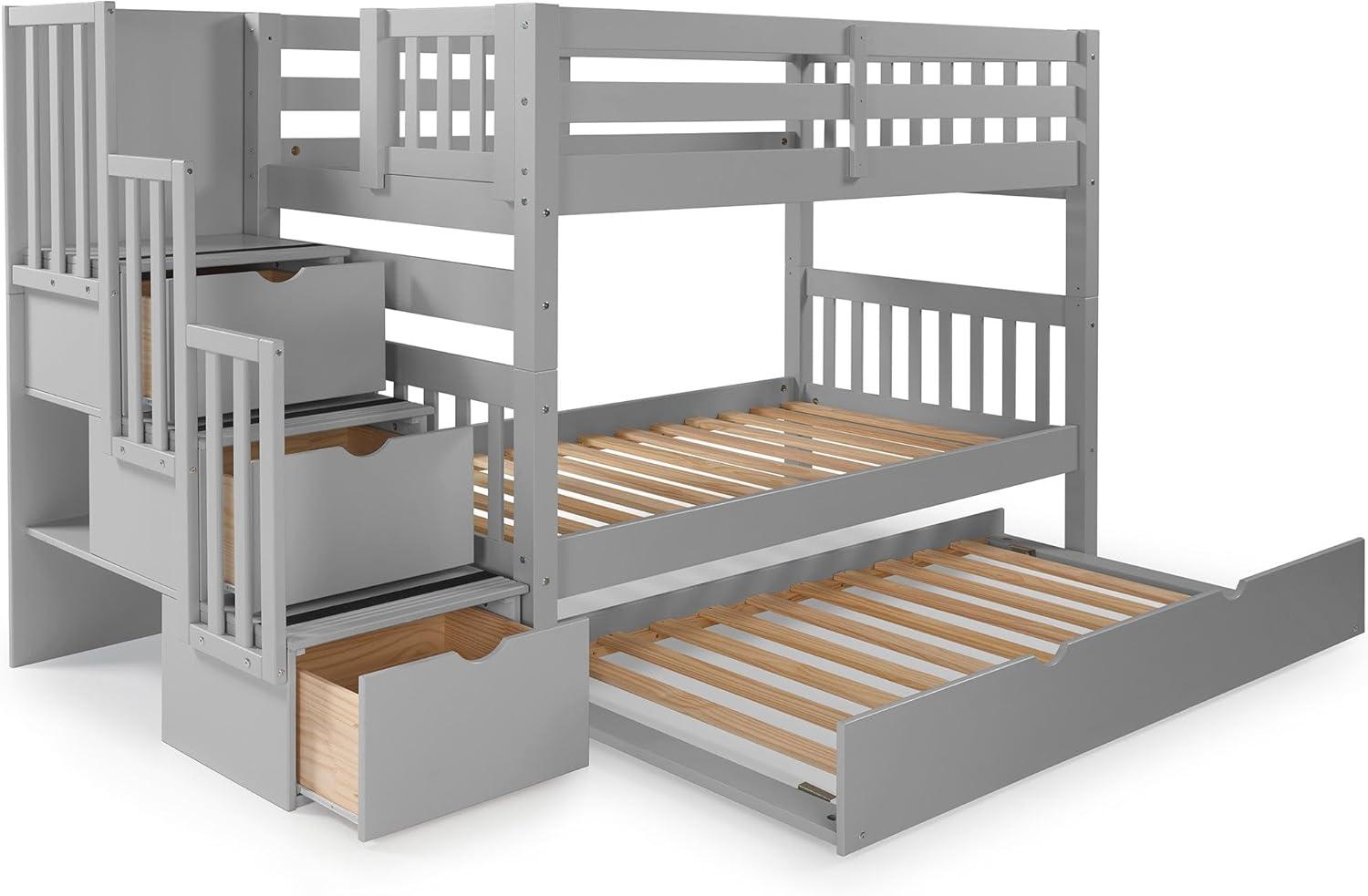 Bedz King Stairway Bunk Beds Twin over Twin with 3 Drawers in the Steps and a Twin Trundle, Gray