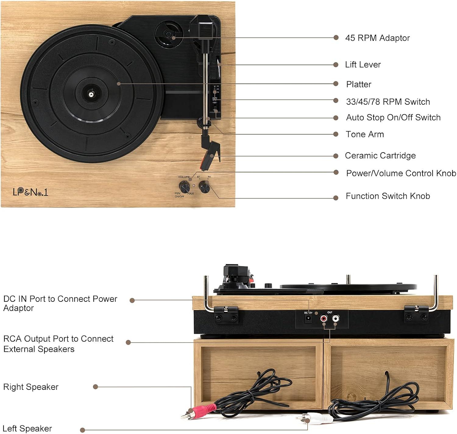 Vintage Brown Wood 3-Speed Belt-Drive Turntable with Speakers