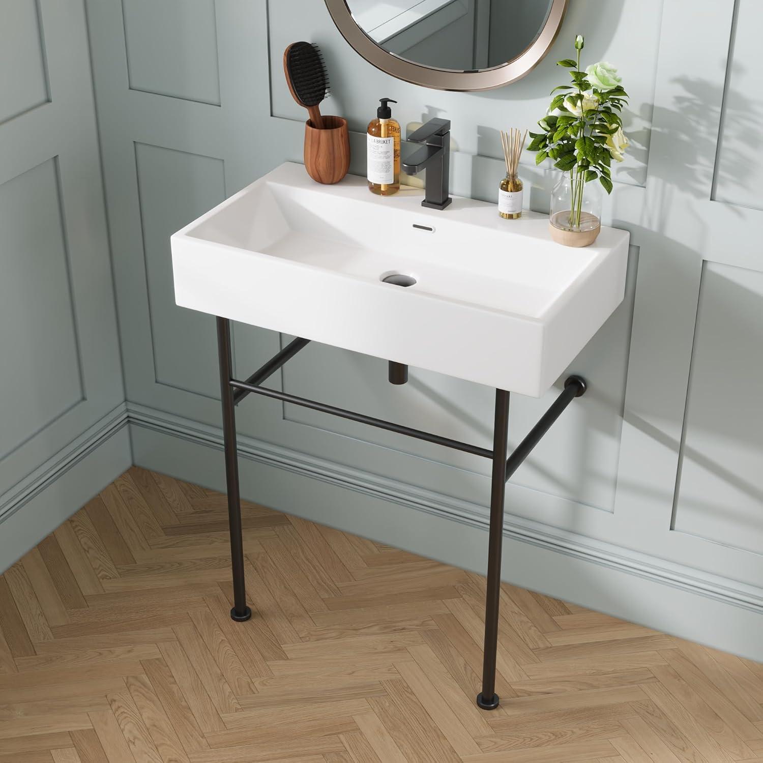 30" White Ceramic Console Sink with Black Stainless Steel Legs