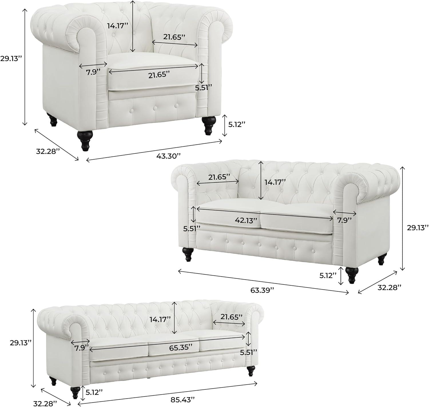 Emery Off-White Tufted Chesterfield 3-Piece Sofa Set with Rolled Arms