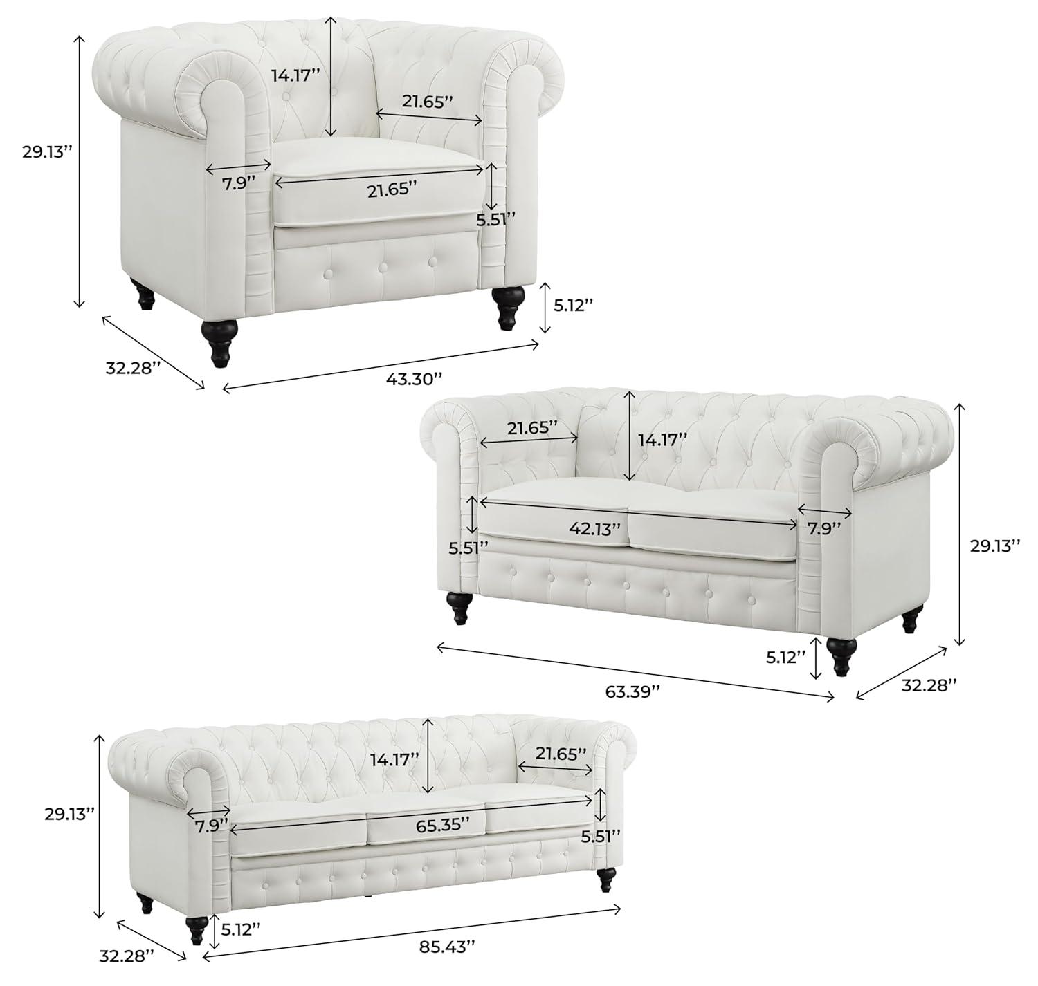 Emery Off-White Tufted Chesterfield 3-Piece Sofa Set with Rolled Arms