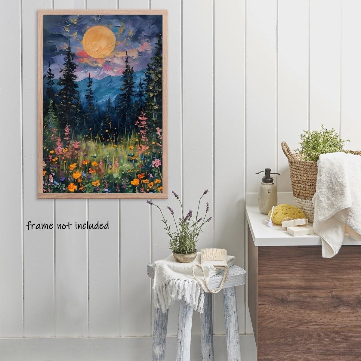 SFAOHPR Mystical Moon and Wildflowers Canvas Wall art Nature Flowers Oil Painting posters for room aesthetic Room Aesthetics Posters for Bedroom living room Home Decor ﻿12x16inch Unframed