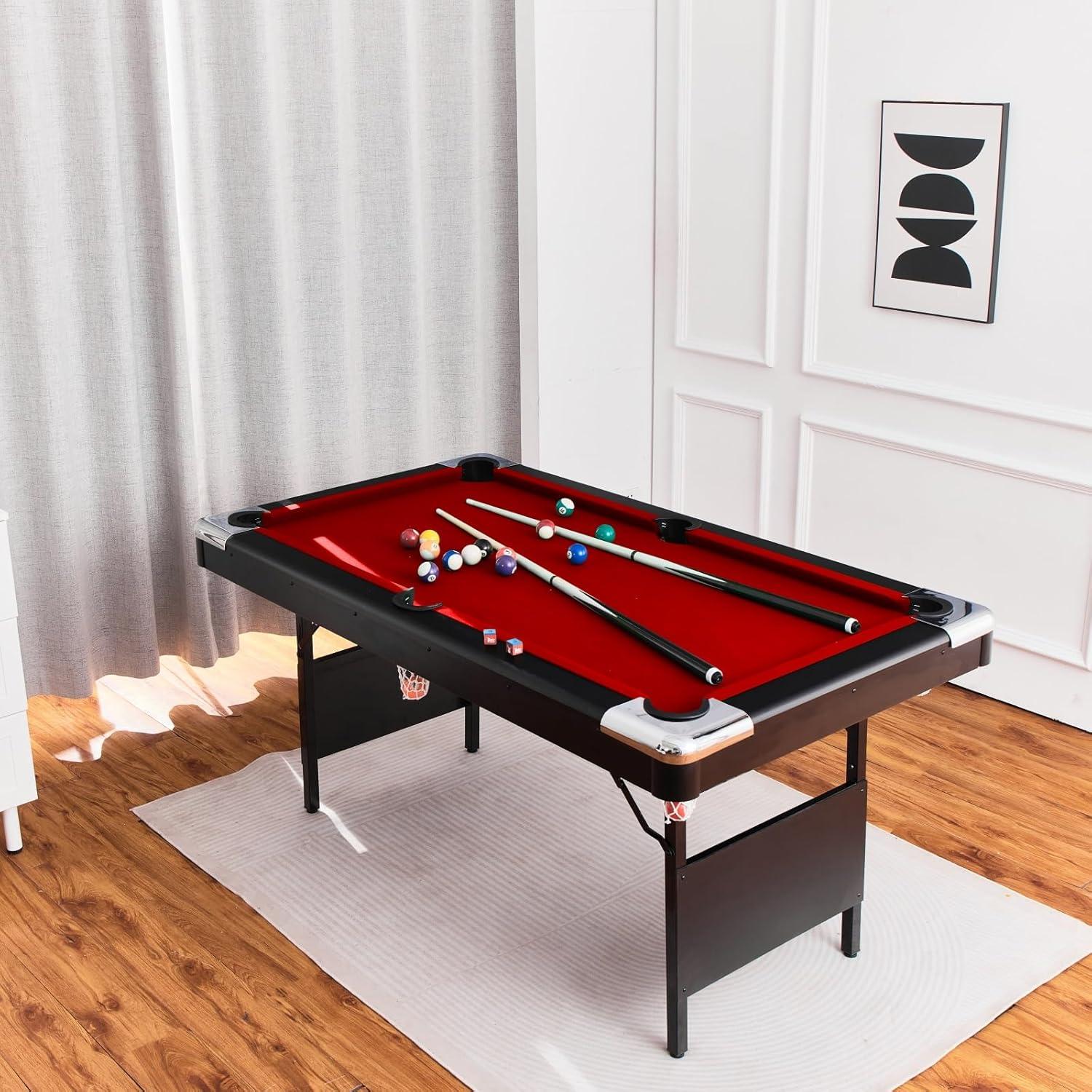 Portable Foldable 6' Red MDF Pool Table Set with Accessories