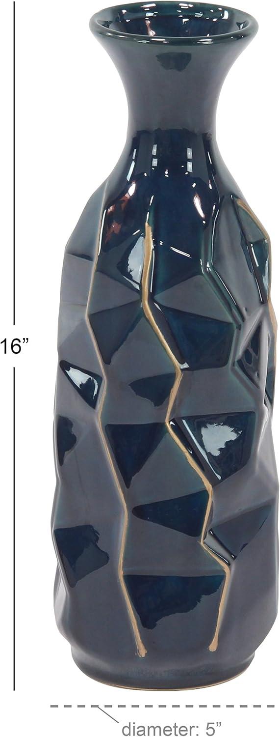 DecMode Blue Ceramic Modern and Coastal Vase 5"W x 15"H, featuring Minimalist Design with clean Lines and Angular Structures