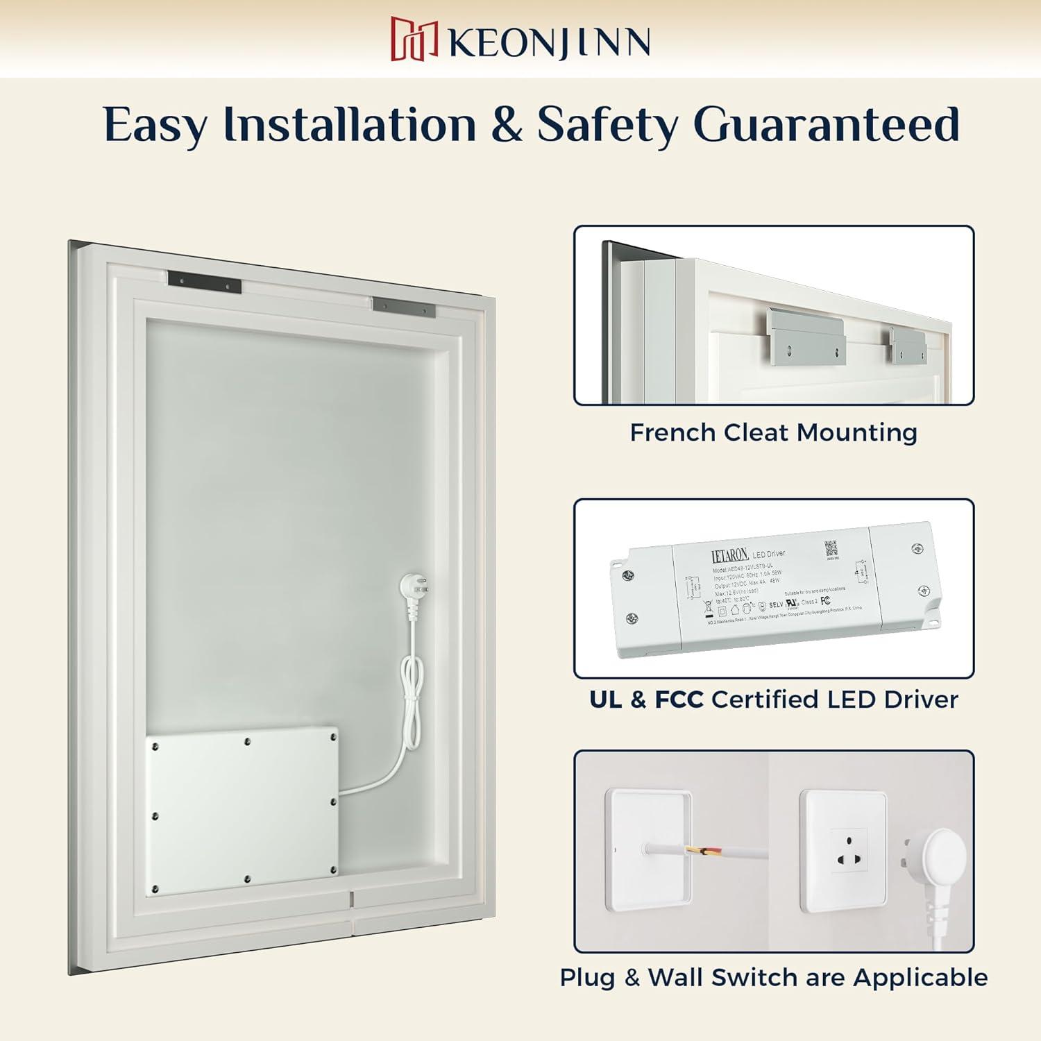 Keonjinn LED Bathroom Mirror 60 ” x 36 ” with Frontlit & Backlit, Lighted Mirror with Stepless Dimmable 3-Color Lights, Bathroom Vanity Mirror with HD Tempered Glass, UL-Listed LED Driver, CRI90+