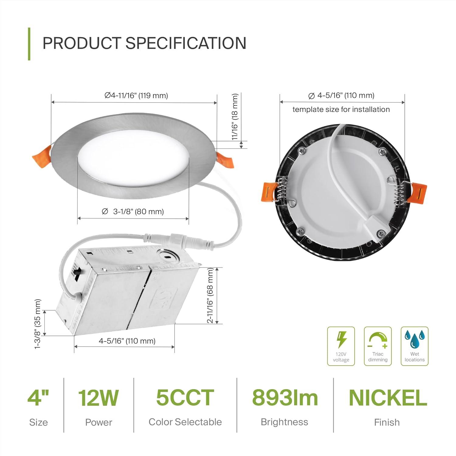 ASD LED Recessed Lighting 4 Inch | 2700K/3000K/3500K/4000K/5000K, 12W 50W Eqv | Ultra Thin Dimmable Ceiling Lights with J Box, Canless Wafer Downlight | Round Slim Panel Light - UL Energy Star 6 Pack