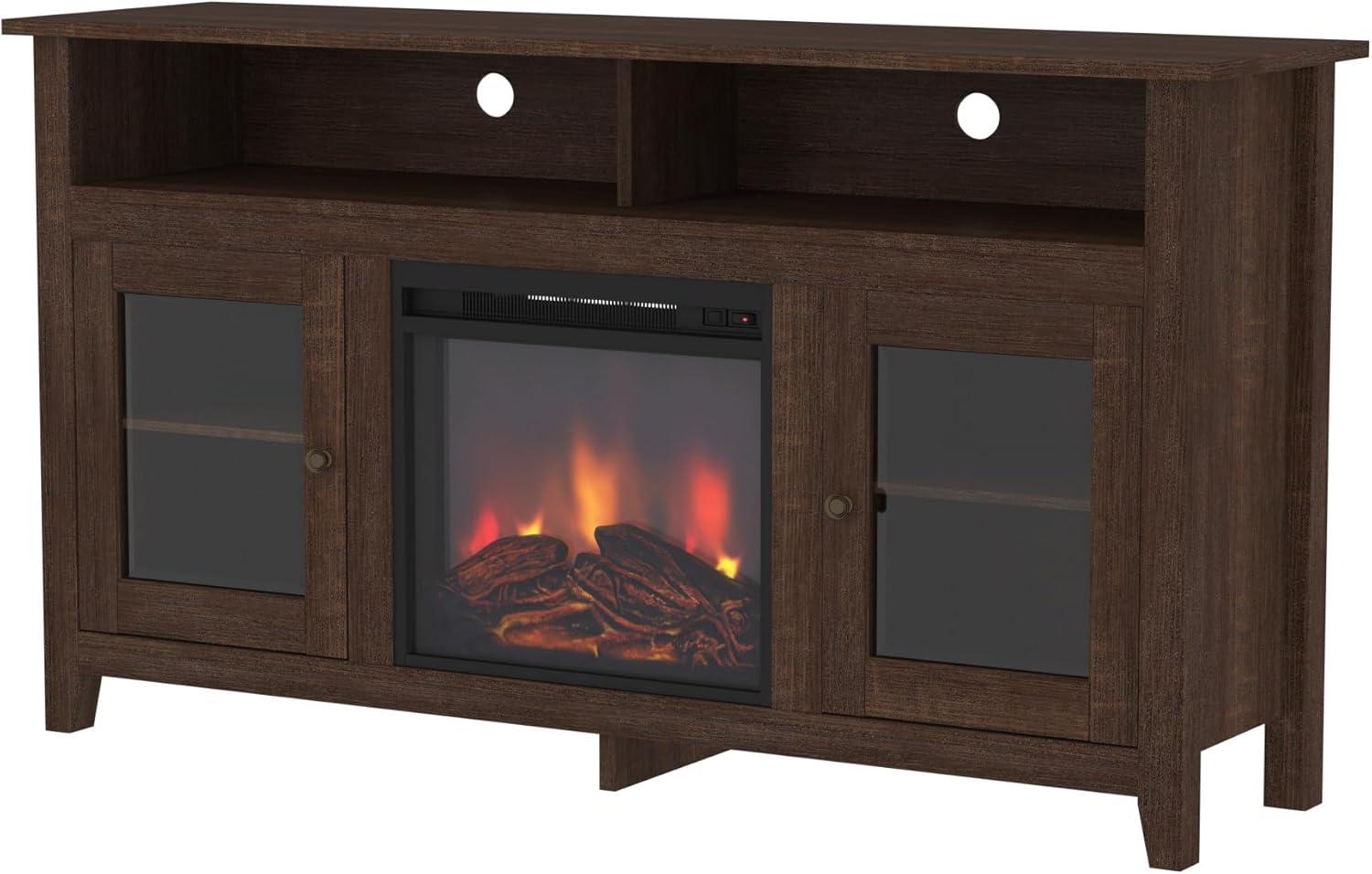 Espresso 58" Highboy Media Stand with Electric Fireplace and Cabinet