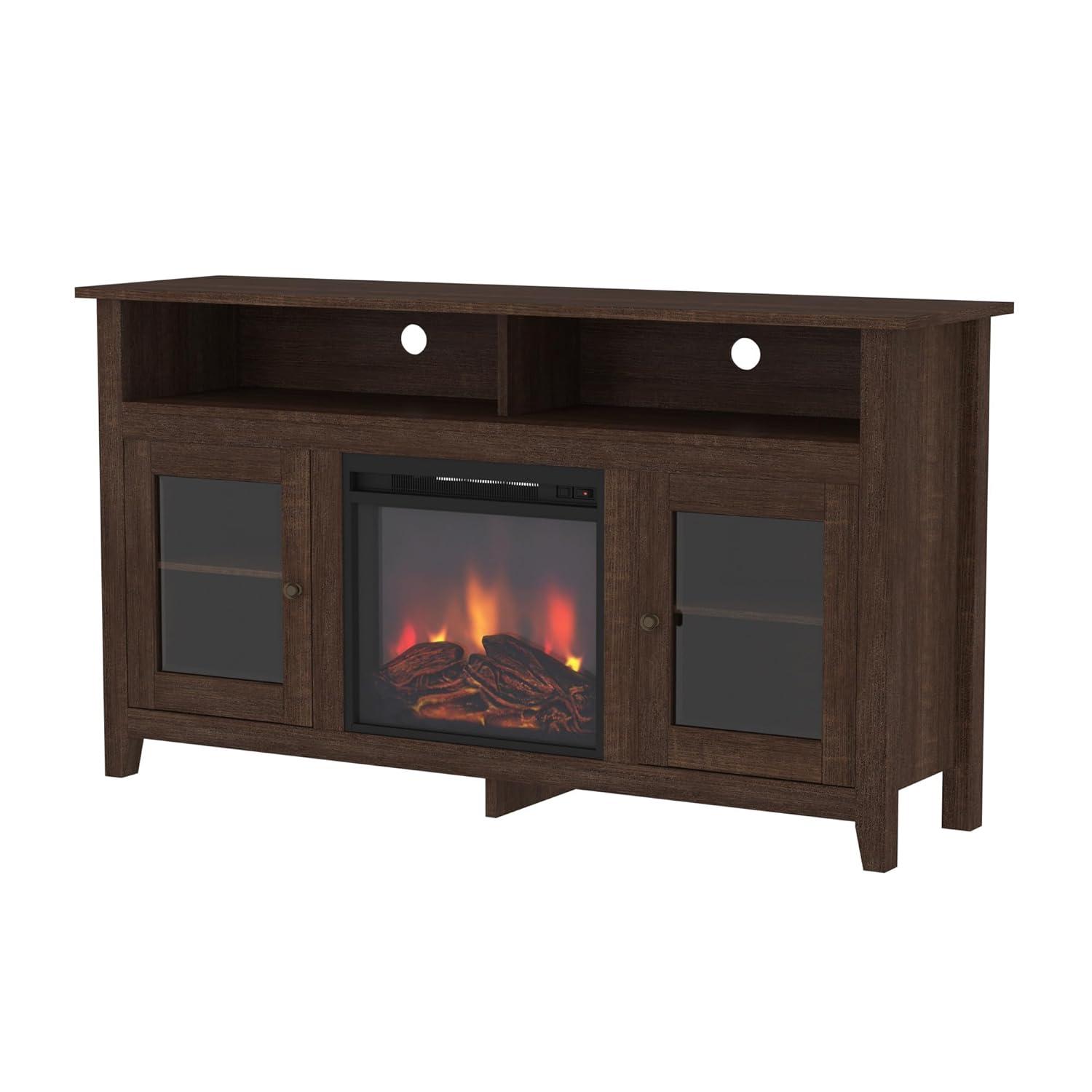 Espresso 58" Highboy Media Stand with Electric Fireplace and Cabinet