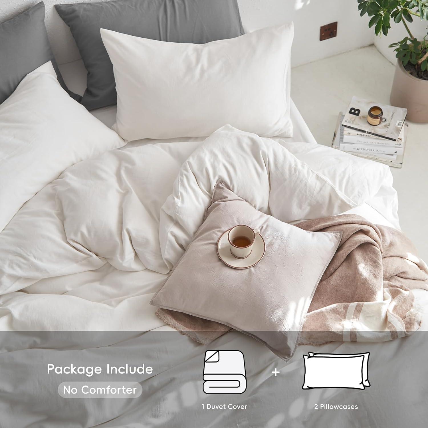 MOOMEE Linen Like Textured 100% Washed Cotton Twill Duvet Cover Set Ultra Soft