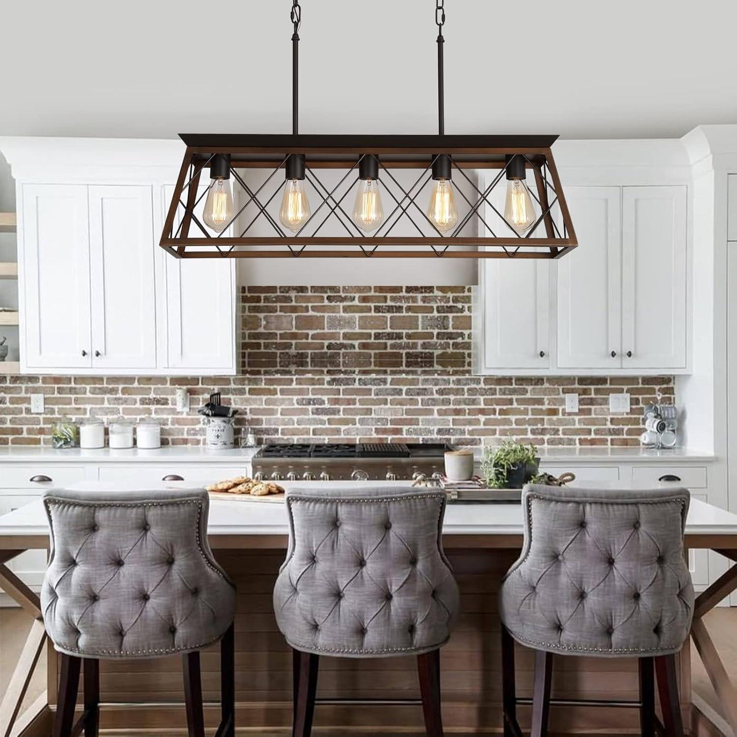 Progress Lighting Briarwood 5-Light Linear Chandelier, Antique Bronze, Faux-Painted Wood Enclosure