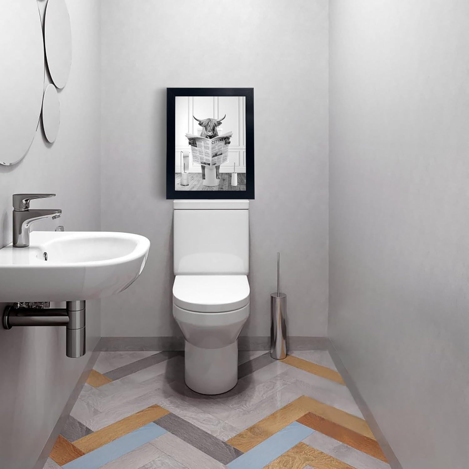 Modern Black Framed Highland Cow Wall Art Minimalist Bathroom Wall Decor Cute Funny Animals Artwork Canvas Prints Ready to Hang for Guest Bathroom, Hotel, Condo, Kids Bathroom, 12”x16”