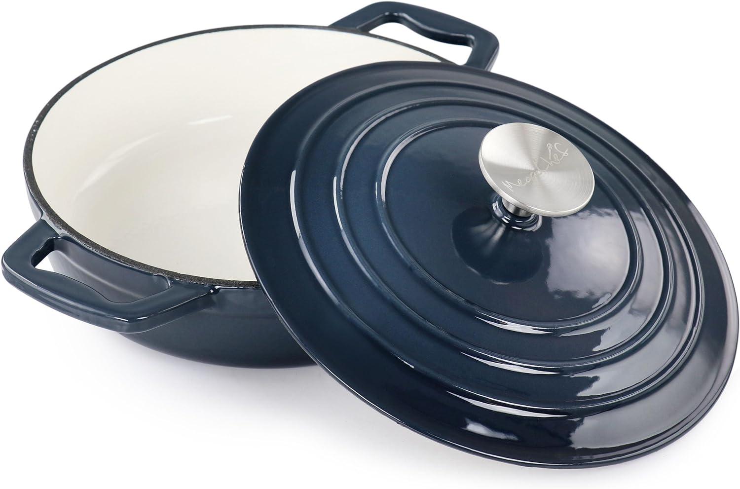 MegaChef 2 Quart Round Enameled Cast Iron Braiser Pan in Dark Blue