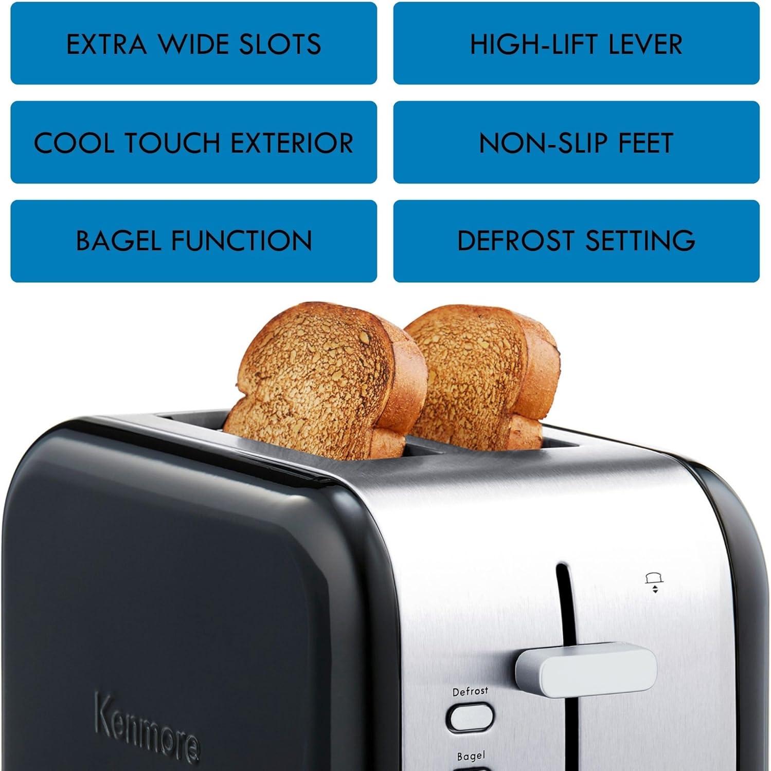 Kenmore 2 Slice Toaster with Wide Slot, Bagel/Defrost Feature, Stainless Steel