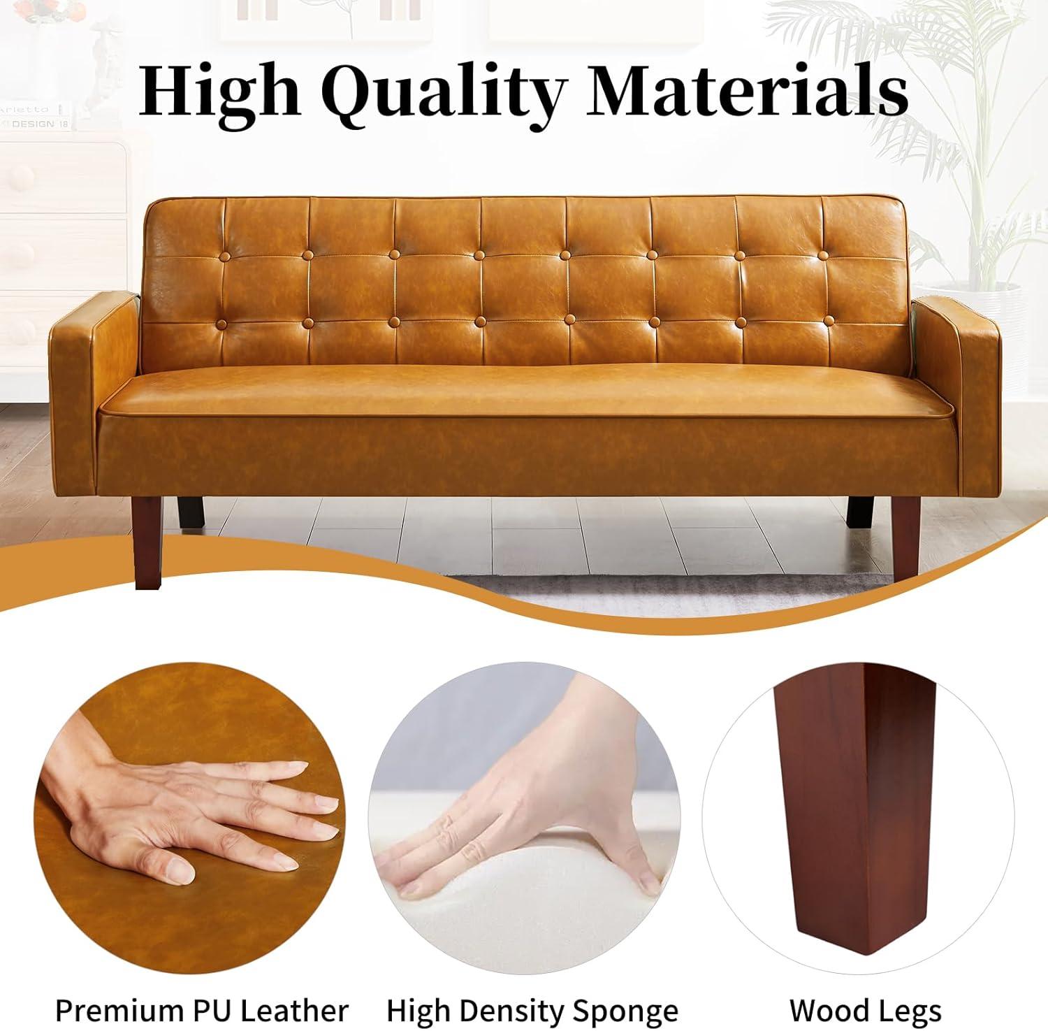 66" PU Leather Futon Sofa Bed, Adjustable Backrest Convertible Loveseat Sleeper Couch with Tapered Wood Legs for Small Space Living Room, Brown