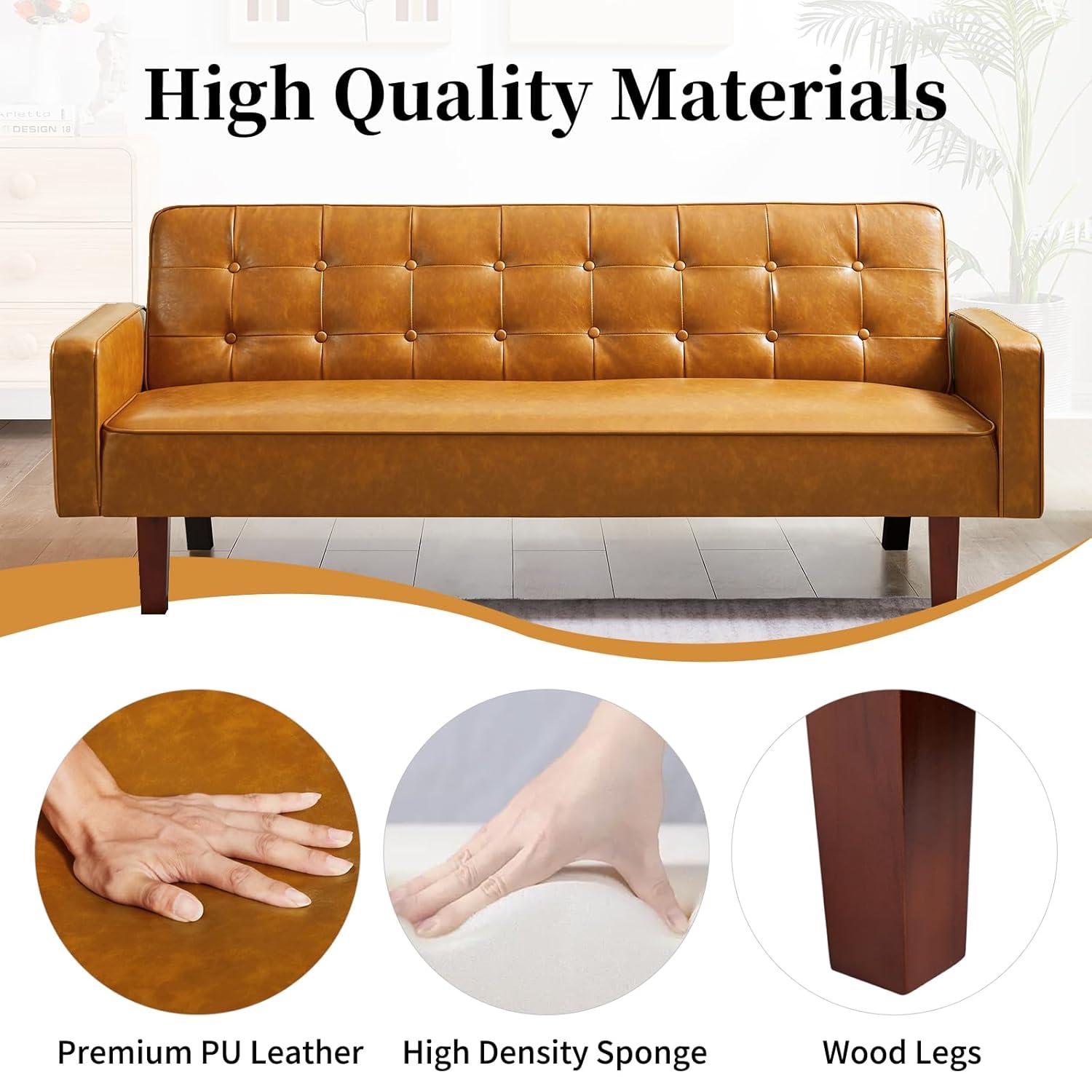 66" PU Leather Futon Sofa Bed, Adjustable Backrest Convertible Loveseat Sleeper Couch with Tapered Wood Legs for Small Space Living Room, Brown
