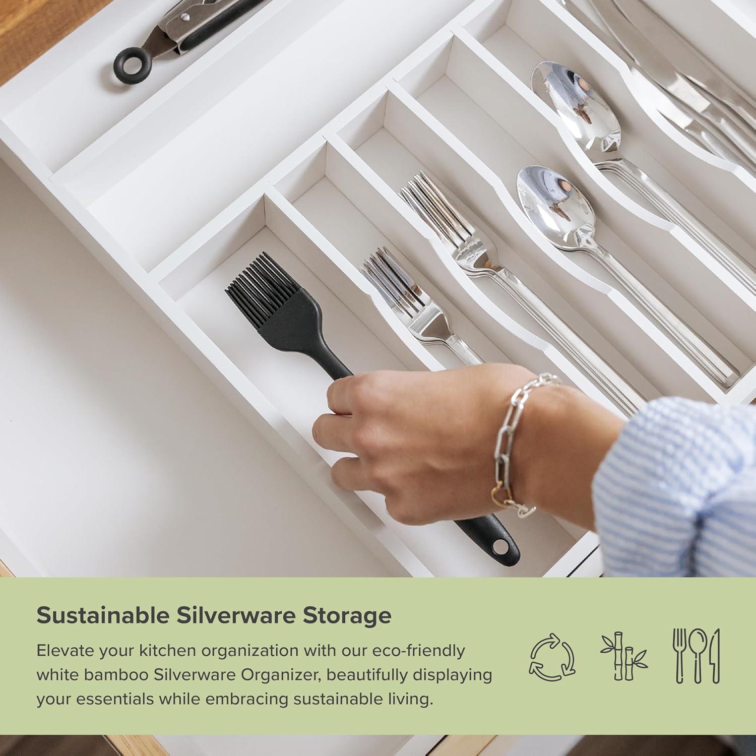 KitchenEdge Premium Silverware, Flatware and Utensil Organizer for Kitchen Drawers, Expandable 19 to 33 Inches Wide, 11 Compartments, Food-Safe Contract Grade White Finish 100% Sustainable Bamboo Wood