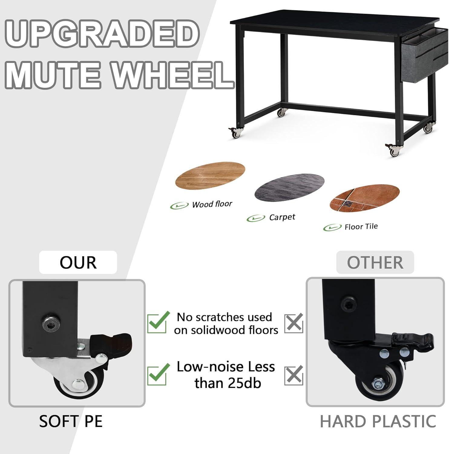 AHB 39" Rolling Computer Desk with 4 Smooth Wheels, Simple Style Mobile Writing Desk Home Office Study Table Movable Workstation with Metal Frame