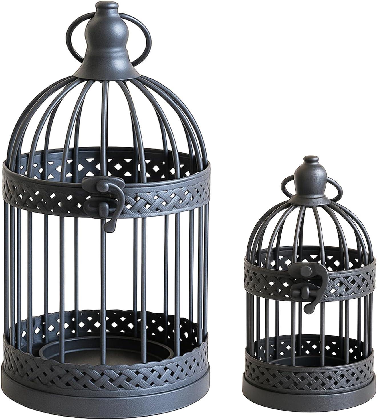 VELA LANTERNS Bird Cage Decor Candle Holder Lantern Decorative Table Centerpiece Halloween Decorations, 10" and 6" Tall, Black, Set of 2