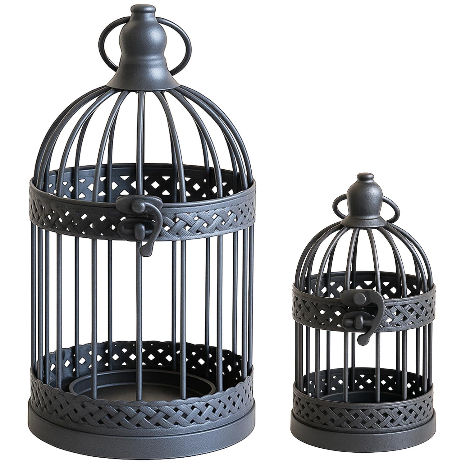 VELA LANTERNS Bird Cage Decor Candle Holder Lantern Decorative Table Centerpiece Halloween Decorations, 10" and 6" Tall, Black, Set of 2